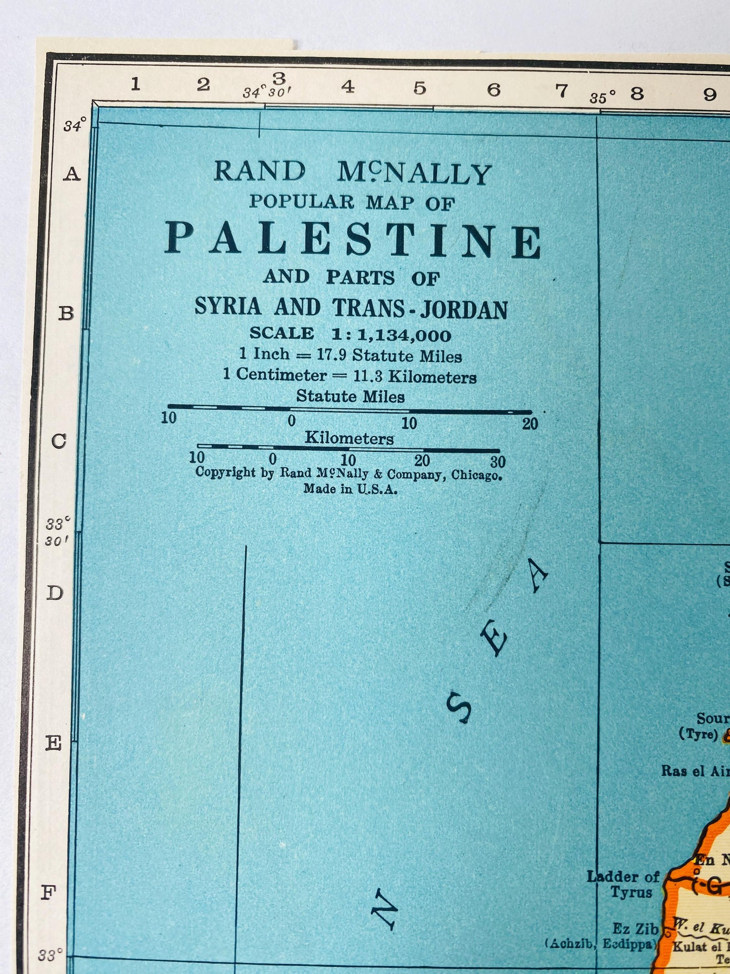 Vintage 1939 Palestine Map Pre-State of Israel printed by Rand McNally Jerusalem Trans-Jordan Syria