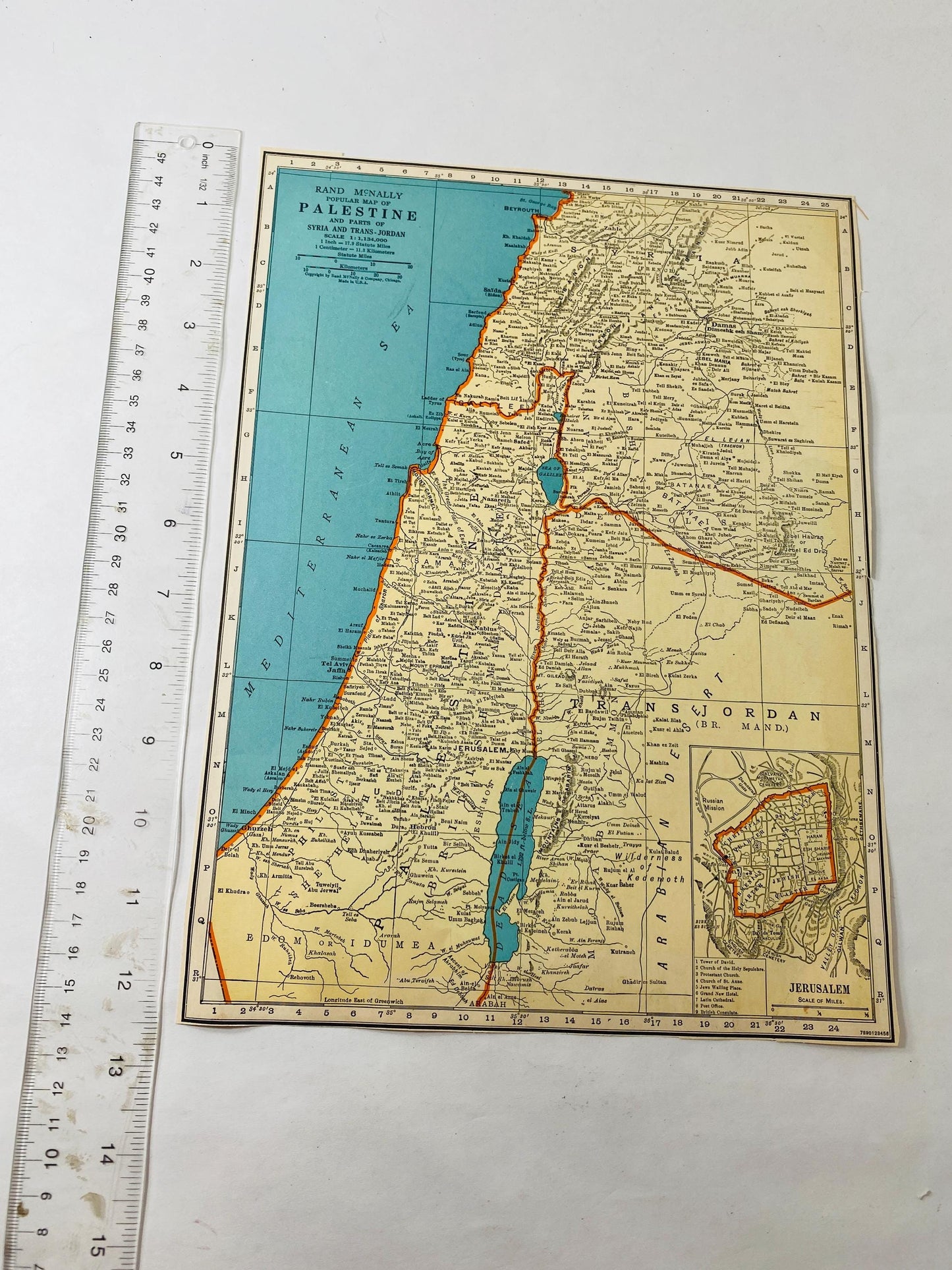 Vintage 1939 Palestine Map Pre-State of Israel printed by Rand McNally Jerusalem Trans-Jordan Syria