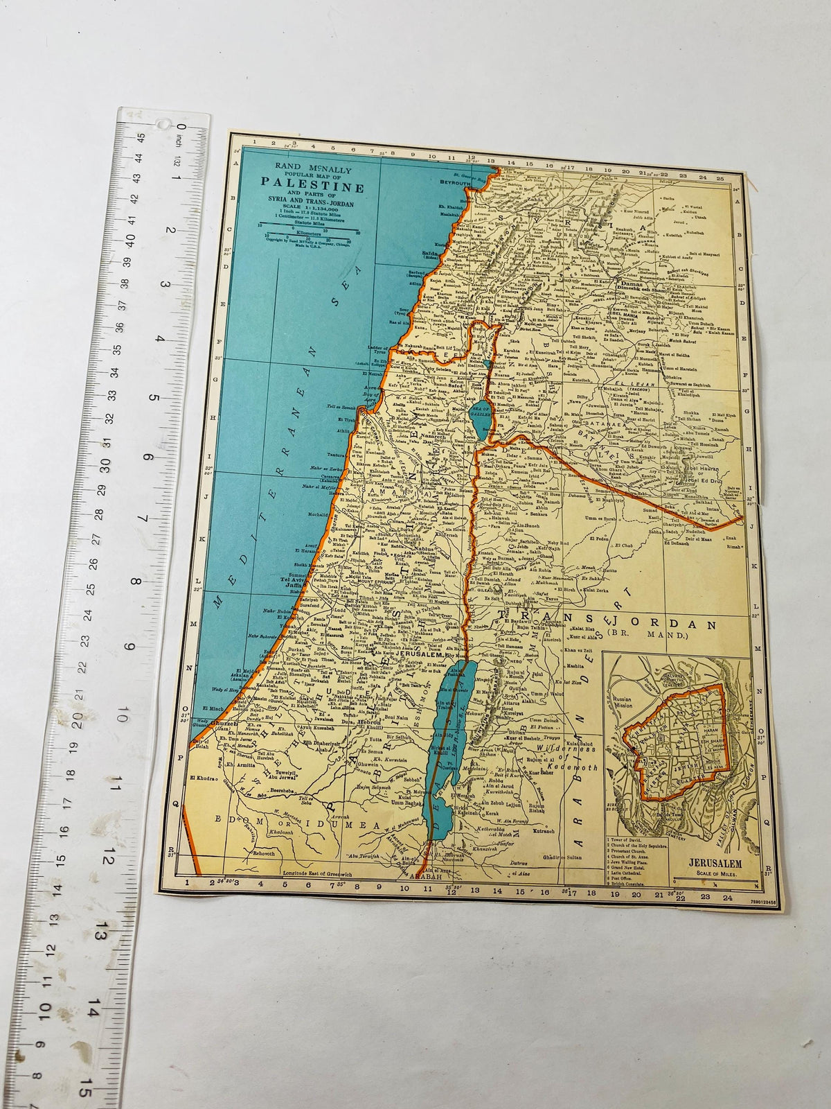 Vintage 1939 Palestine Map Pre-State of Israel printed by Rand McNally Jerusalem Trans-Jordan Syria
