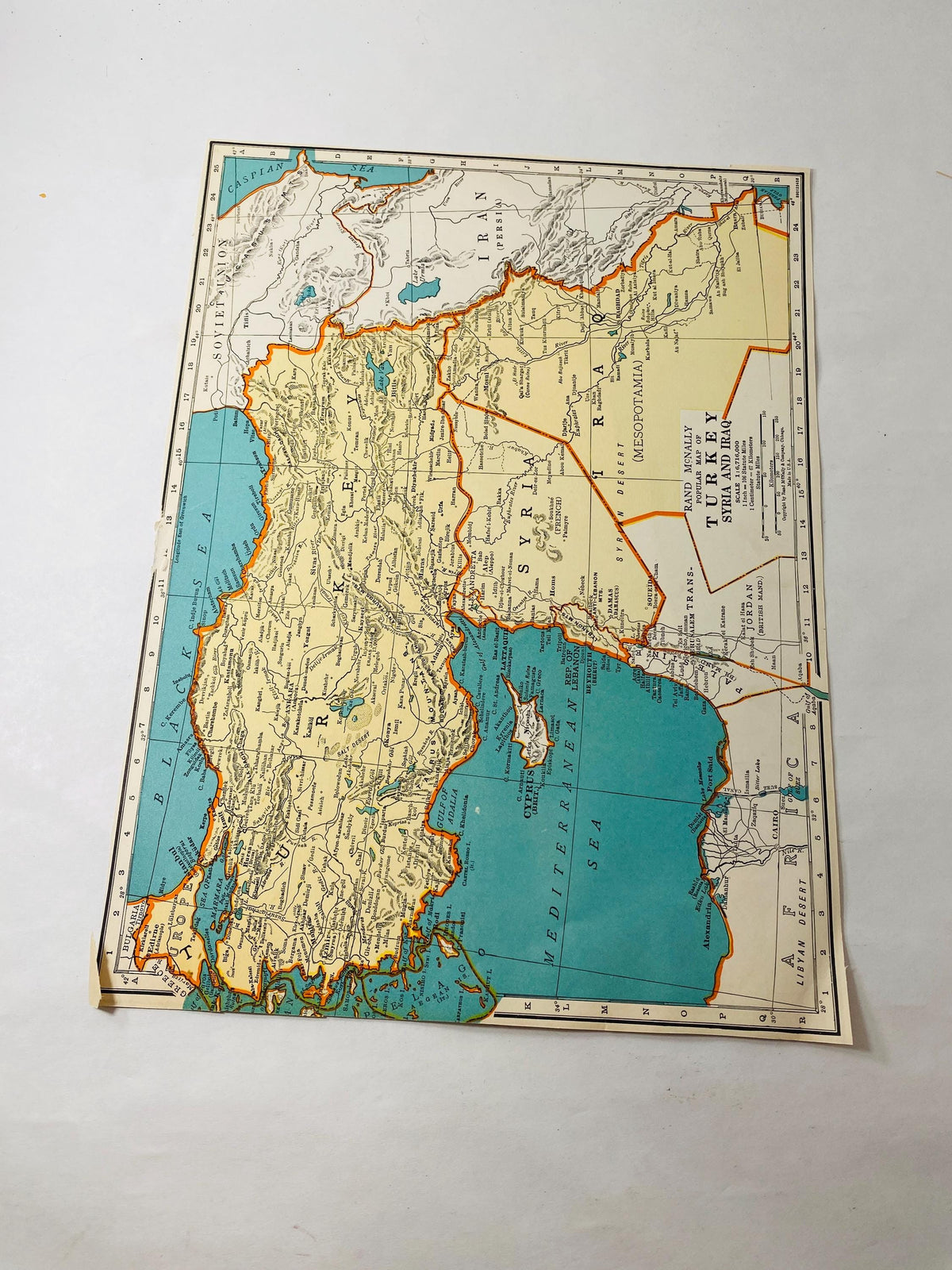 Vintage 1939 Palestine Map Pre-State of Israel printed by Rand McNally Jerusalem Trans-Jordan Syria