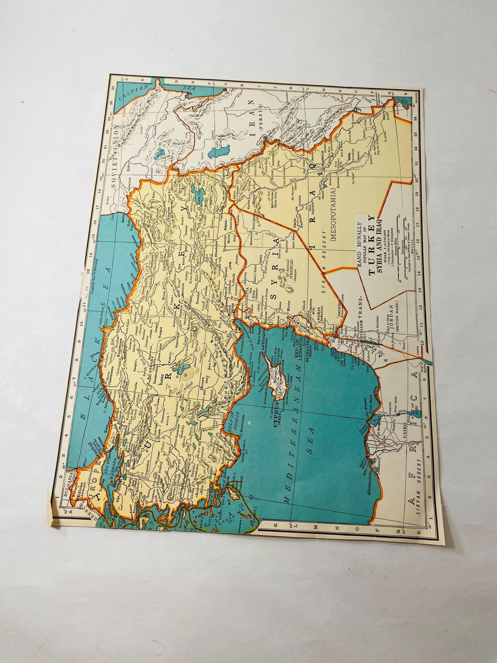 Vintage 1939 Palestine Map Pre-State of Israel printed by Rand McNally Jerusalem Trans-Jordan Syria