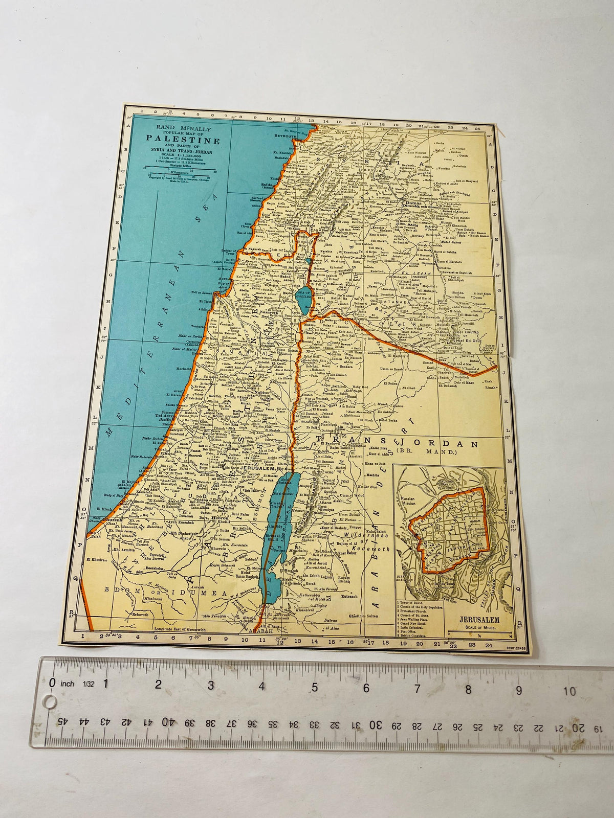 Vintage 1939 Palestine Map Pre-State of Israel printed by Rand McNally Jerusalem Trans-Jordan Syria