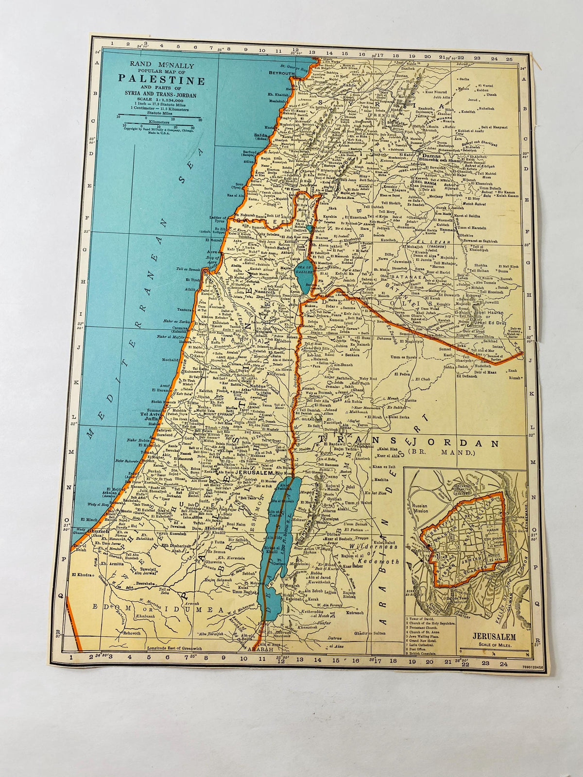 Vintage 1939 Palestine Map Pre-State of Israel printed by Rand McNally Jerusalem Trans-Jordan Syria