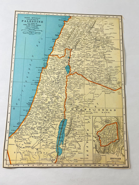 Vintage 1939 Palestine Map Pre-State of Israel printed by Rand McNally Jerusalem Trans-Jordan Syria