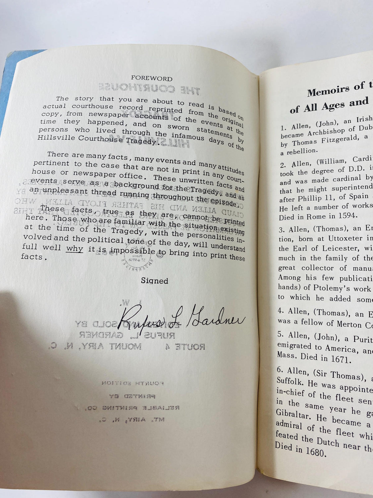 The Courthouse Tragedy, Hillsville, VA written by Rufus Gardner circa 1962 notorious Carroll County Courthouse Shootout
