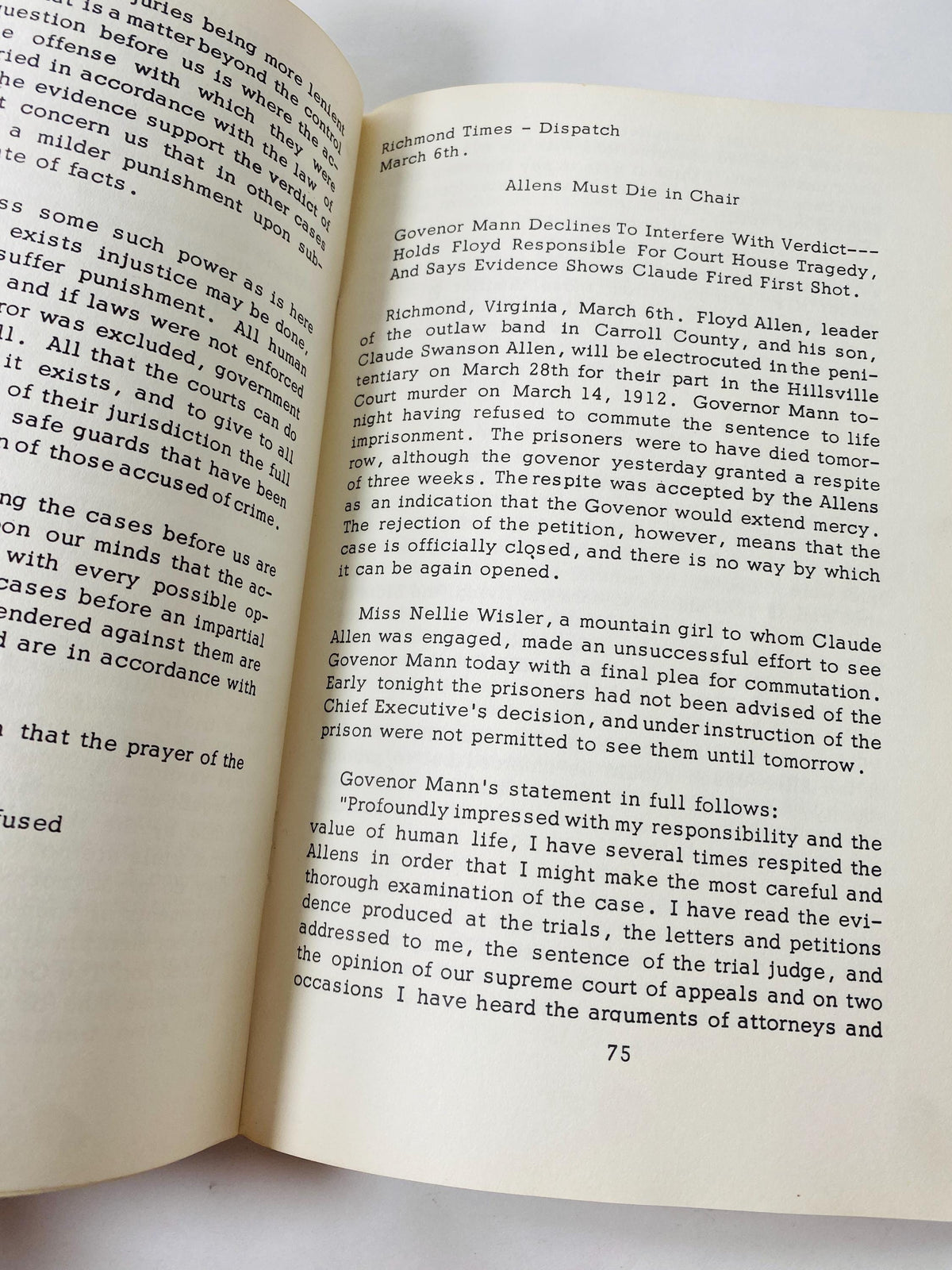The Courthouse Tragedy, Hillsville, VA written by Rufus Gardner circa 1962 notorious Carroll County Courthouse Shootout
