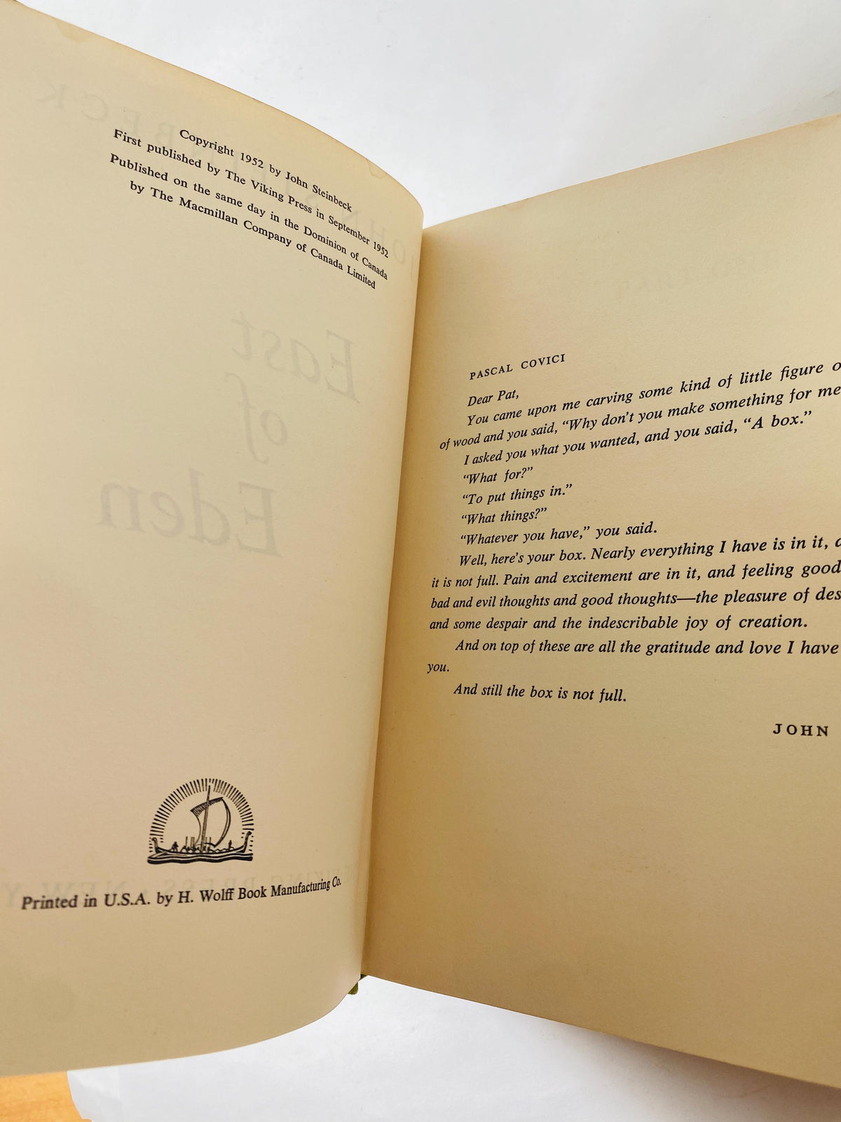 FIRST EDITION East of Eden book by John Steinbeck circa 1952 third printing Vintage Viking Press winner of the Nobel Priz Green home decor
