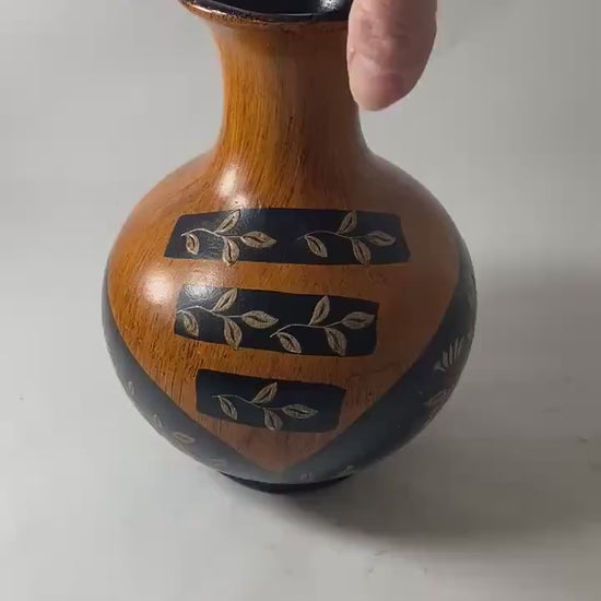 Vintage Painted Wooden Vase Black Gold Floral Faux Wood Grain Small Bud Vase Folk Art Decor circa 1960s