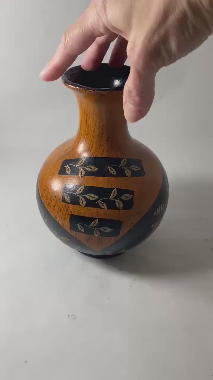 Vintage Painted Wooden Vase Black Gold Floral Faux Wood Grain Small Bud Vase Folk Art Decor circa 1960s