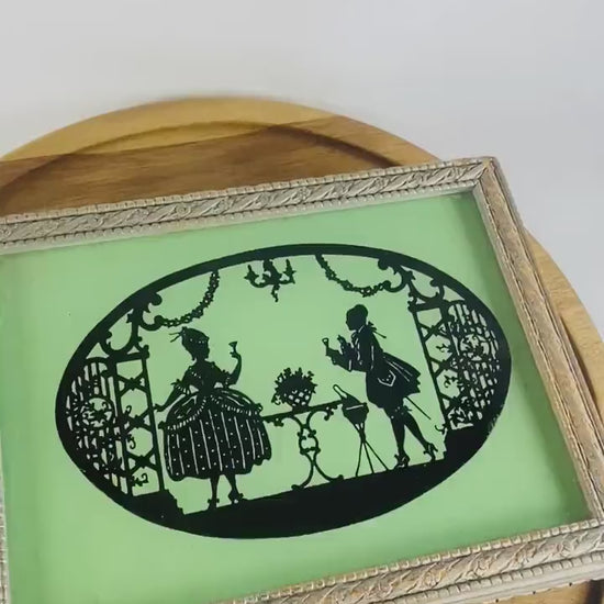 Art nouveau vintage letter box circa 1940s GORGEOUS mint green & black Victorian silhouette mirrored, wood frame jewelry trinket storage