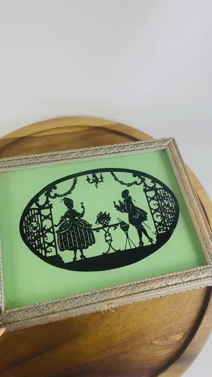 Art nouveau vintage letter box circa 1940s GORGEOUS mint green & black Victorian silhouette mirrored, wood frame jewelry trinket storage