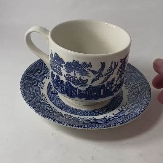 Vintage Churchill Blue Willow porcelain tea cup and saucer Made in England cottage decor
