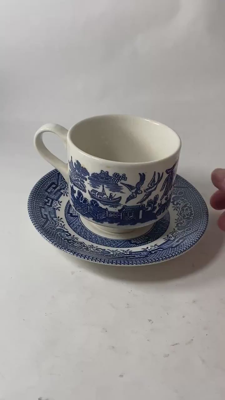 Vintage Churchill Blue Willow porcelain tea cup and saucer Made in England cottage decor