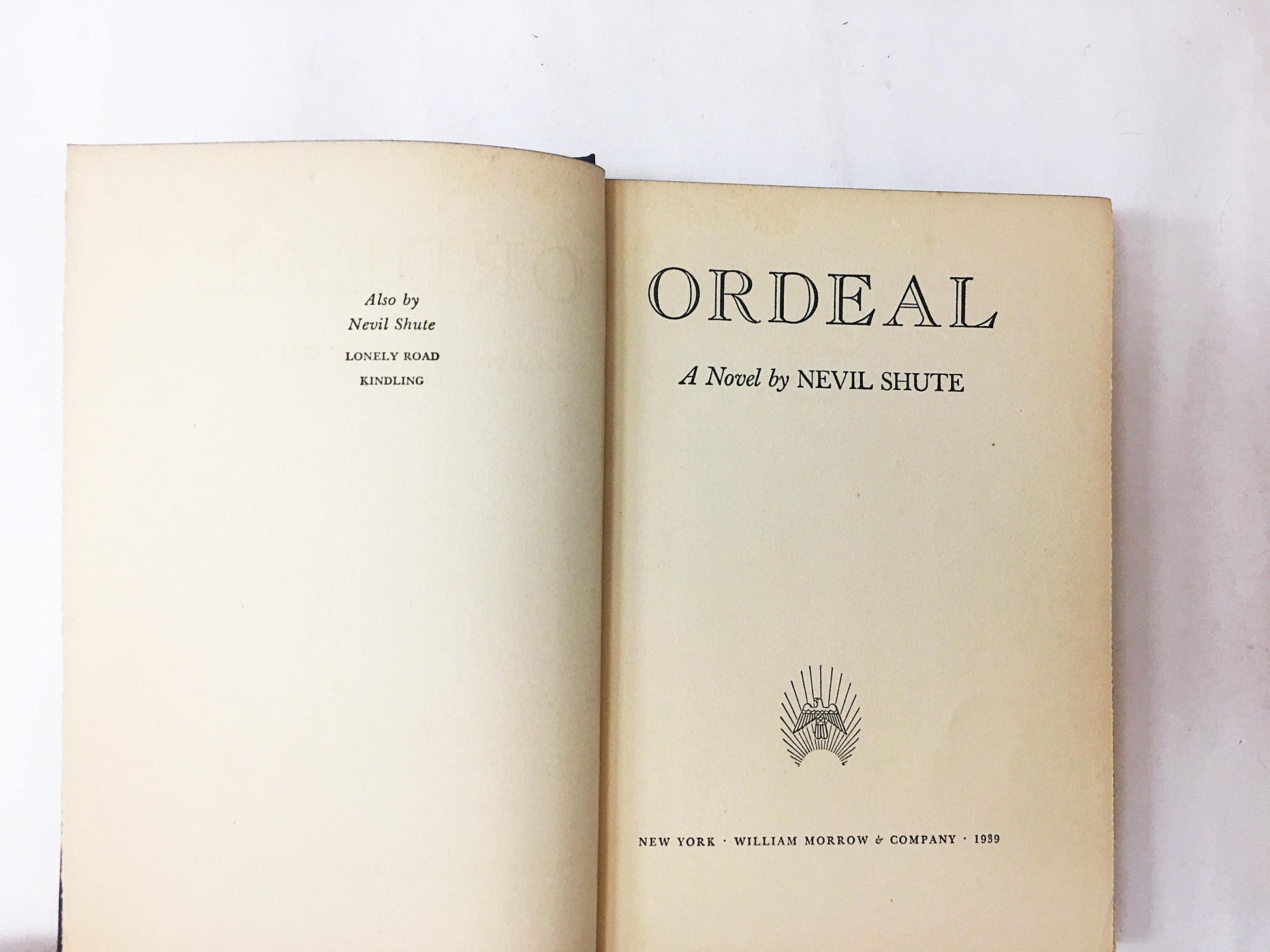 Ordeal by Nevil Shute FIRST EDITION vintage book circa 1939 Blue cloth covered boards Bombs and the world's new kind of war. Military