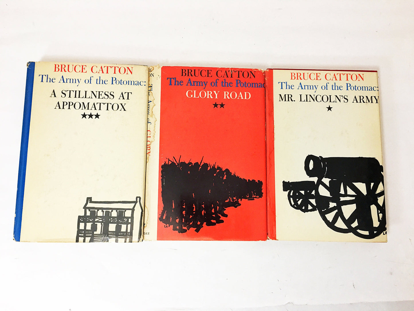 1953 Catton Army of the Potomac 3 volume vintage book set Mr. Lincoln's Army; Glory Road; Stillness at Appomattox. Prop staging home decor