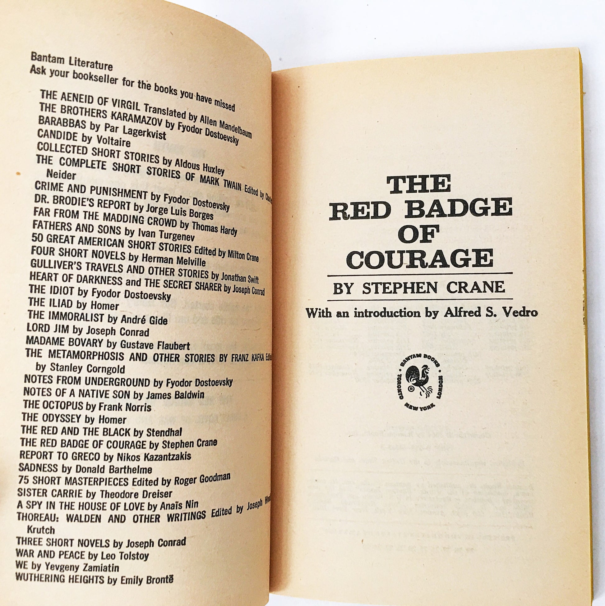 The Red Badge of Courage by Stephen Crane. Vintage Bantam book circa 1964. Overcome with shame and cowardice. Civil War. Union Confederate
