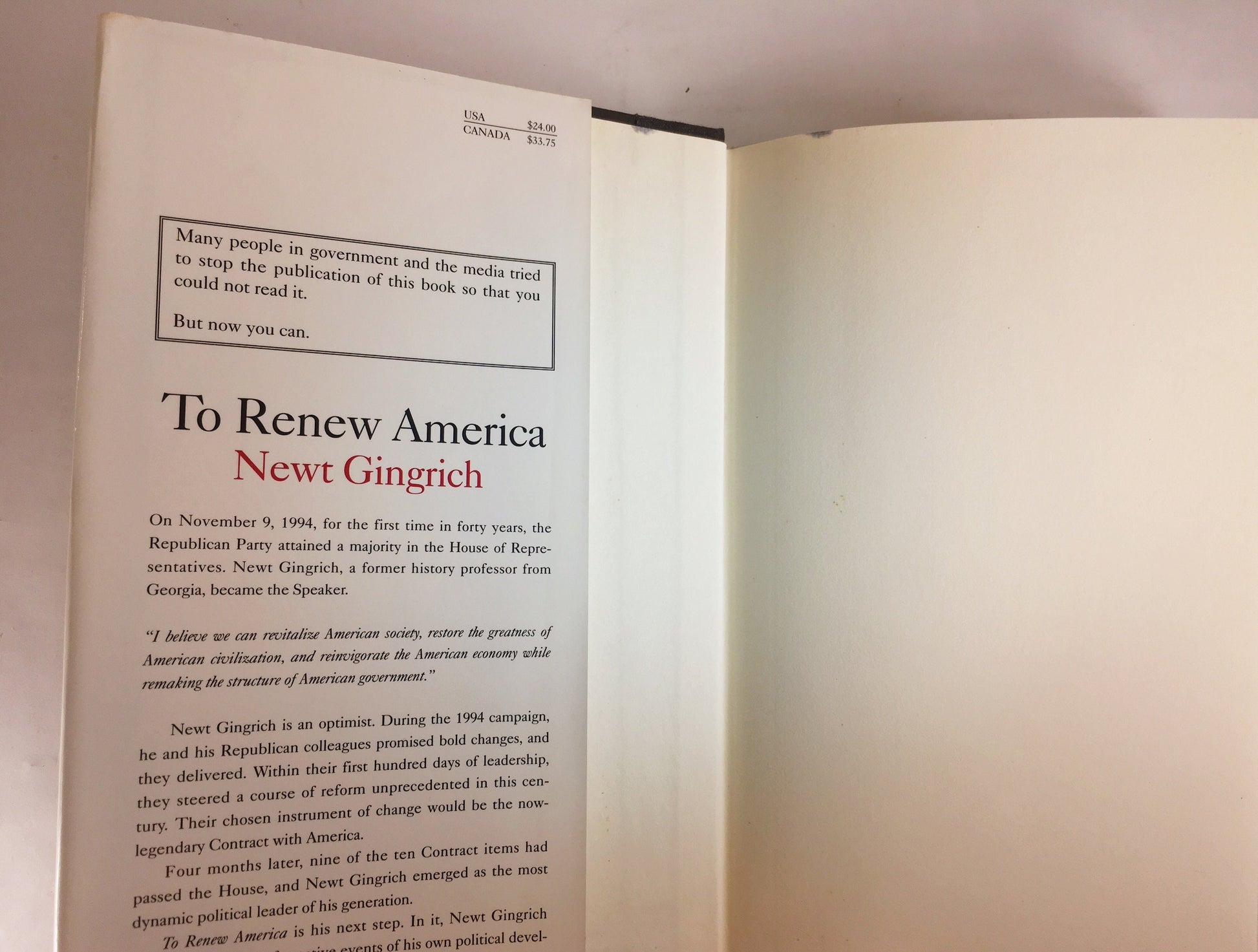 Newt Gingrich Biography. First Edition vintage book circa 1995. To Renew America. Book lover gift. White book decor. Republican