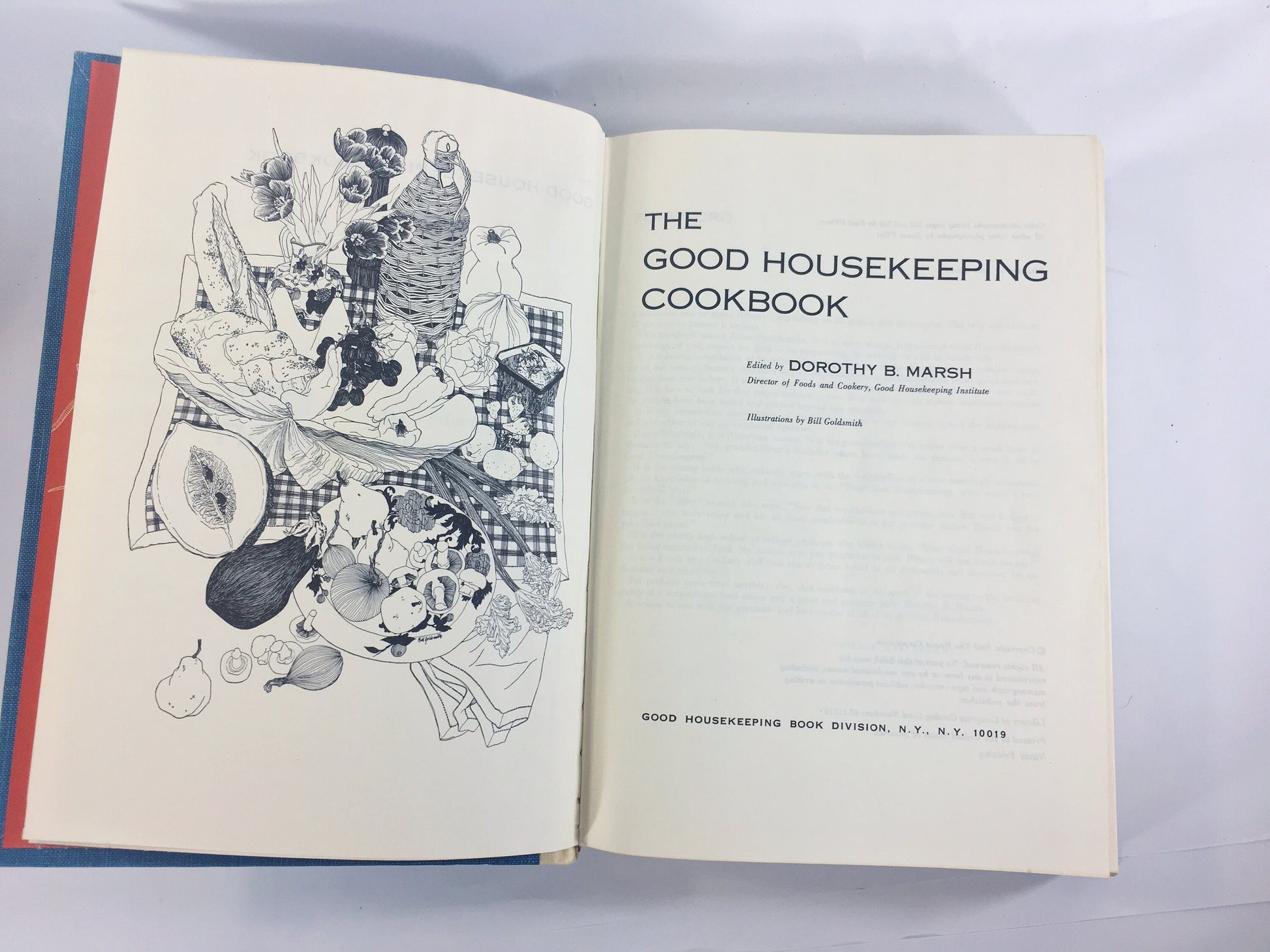 Good Housekeeping Cookbook by Dorothy B Marsh circa 1963. Blue and white cloth cover. Kitchen decor set prop.