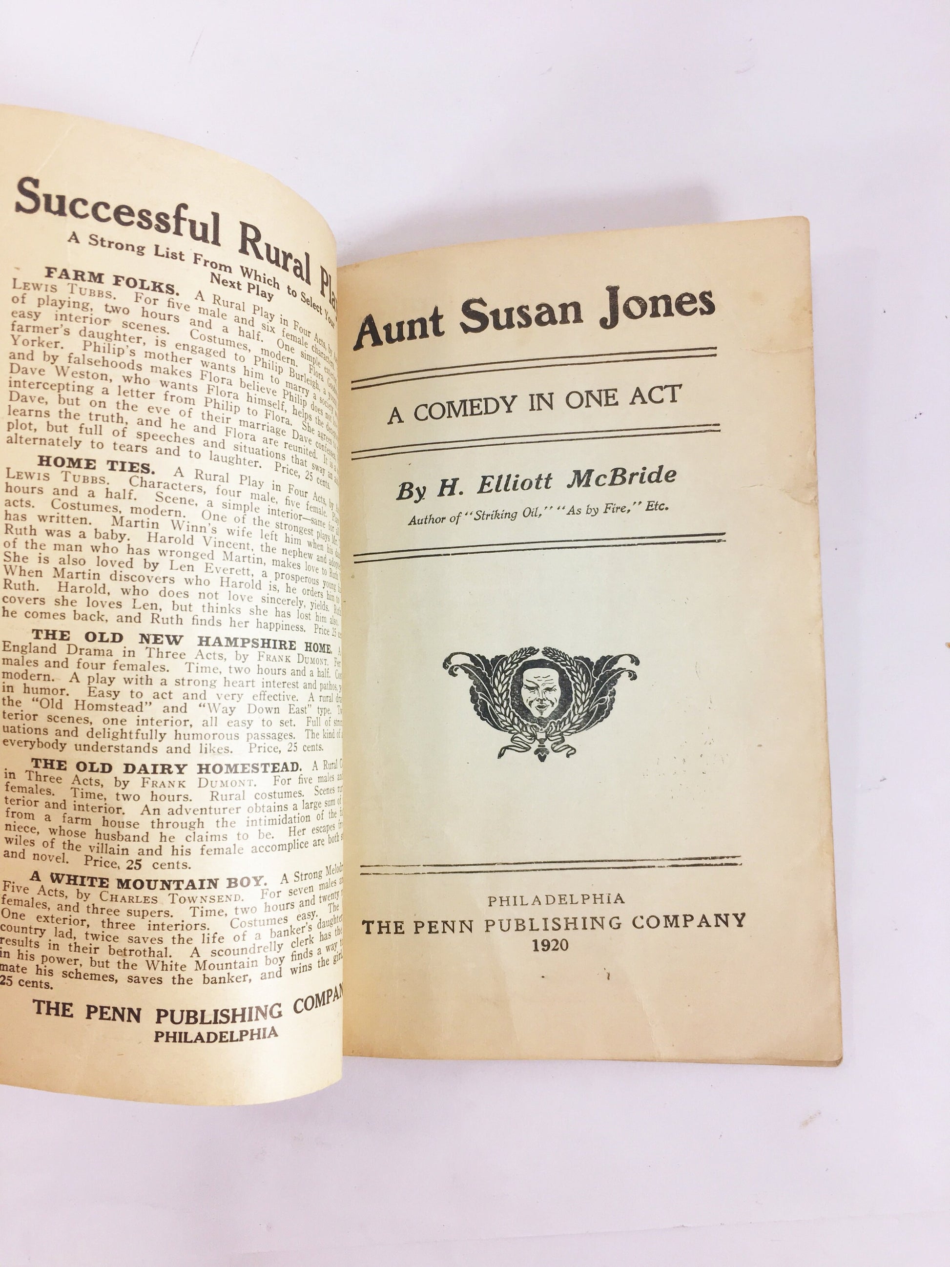 1886 vintage Victorian play Aunt Susan Jones by H Elliott McBride. Eccentric woman pretends she's deaf to expose hypocrisy
