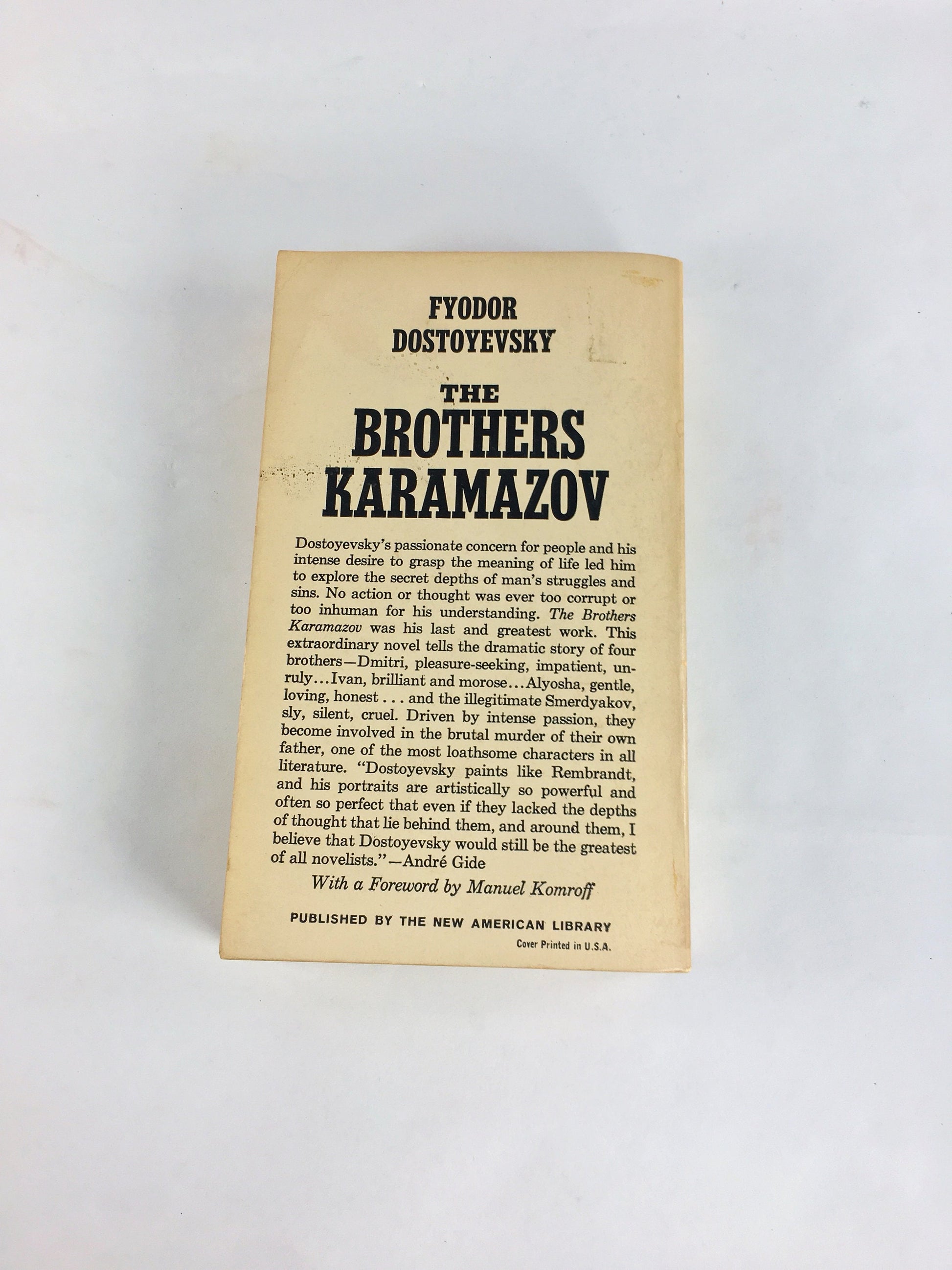 Brothers Karamazov by Fyodor Dostoevsky. Vintage paperback book circa 1964. Examines ethics of God and free will. Signet Classic