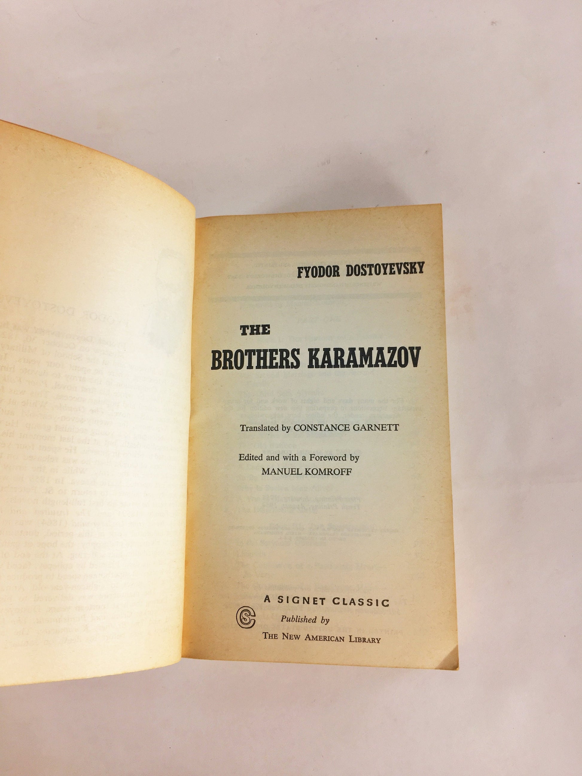 Brothers Karamazov by Fyodor Dostoevsky. Vintage paperback book circa 1964. Examines ethics of God and free will. Signet Classic