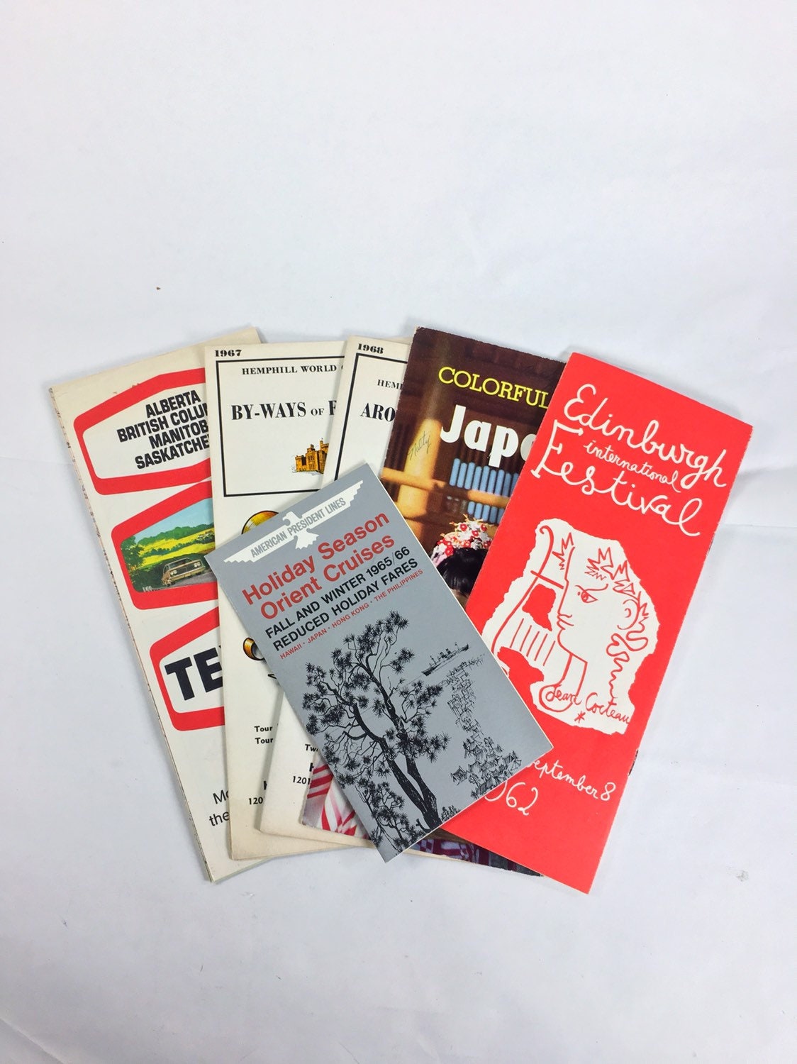 Vintage travel brochures. Lot of 6 1960s global pamphlets. Ireland, Texaco Canada Manitoba, Europe and the Orient. Christmas stocking Gift