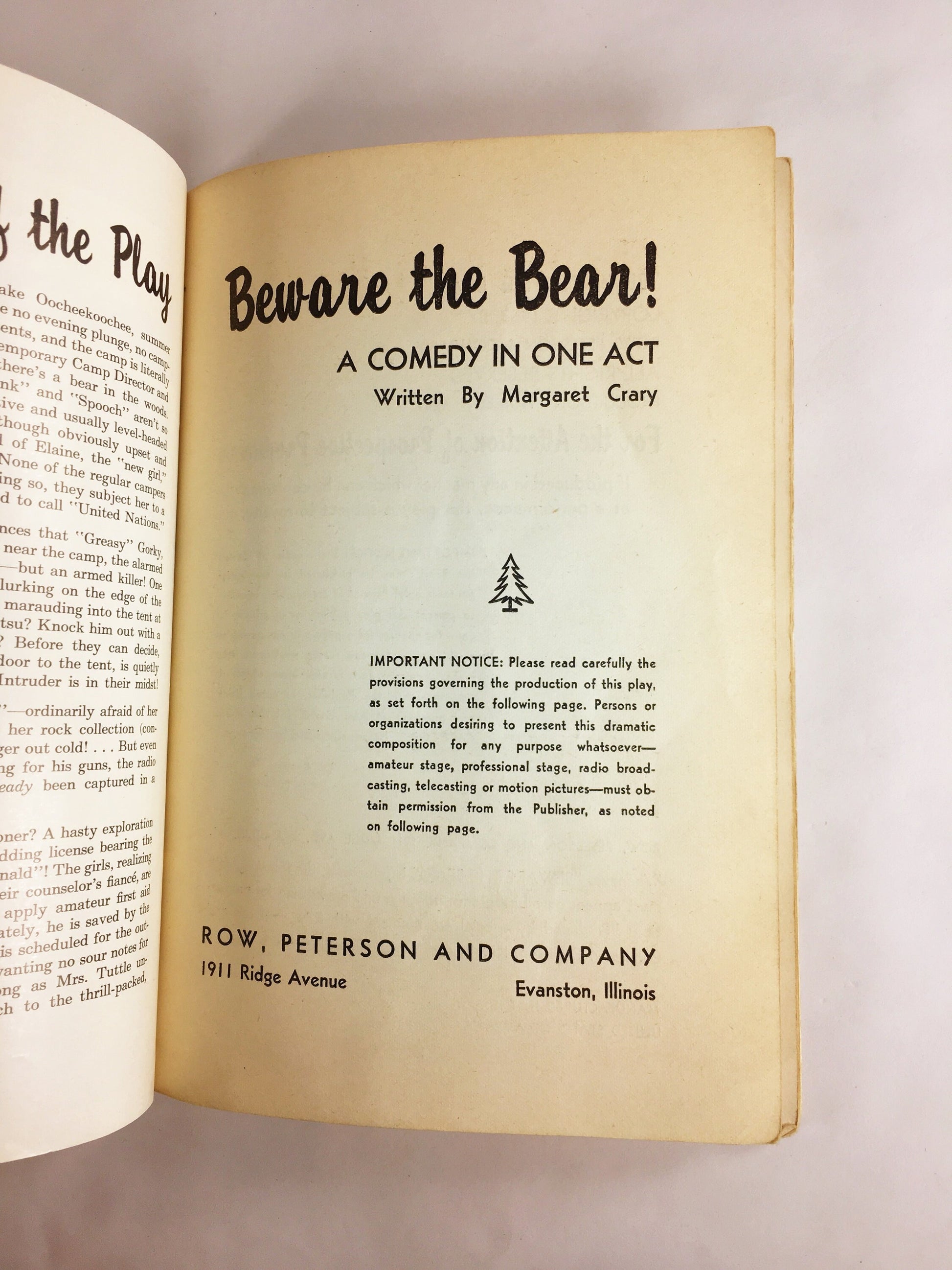 1953 Vintage theatre script Beware the Bear! Comedy in one act by Margaret Crary about a crises at the teenage girl summer camp lake.
