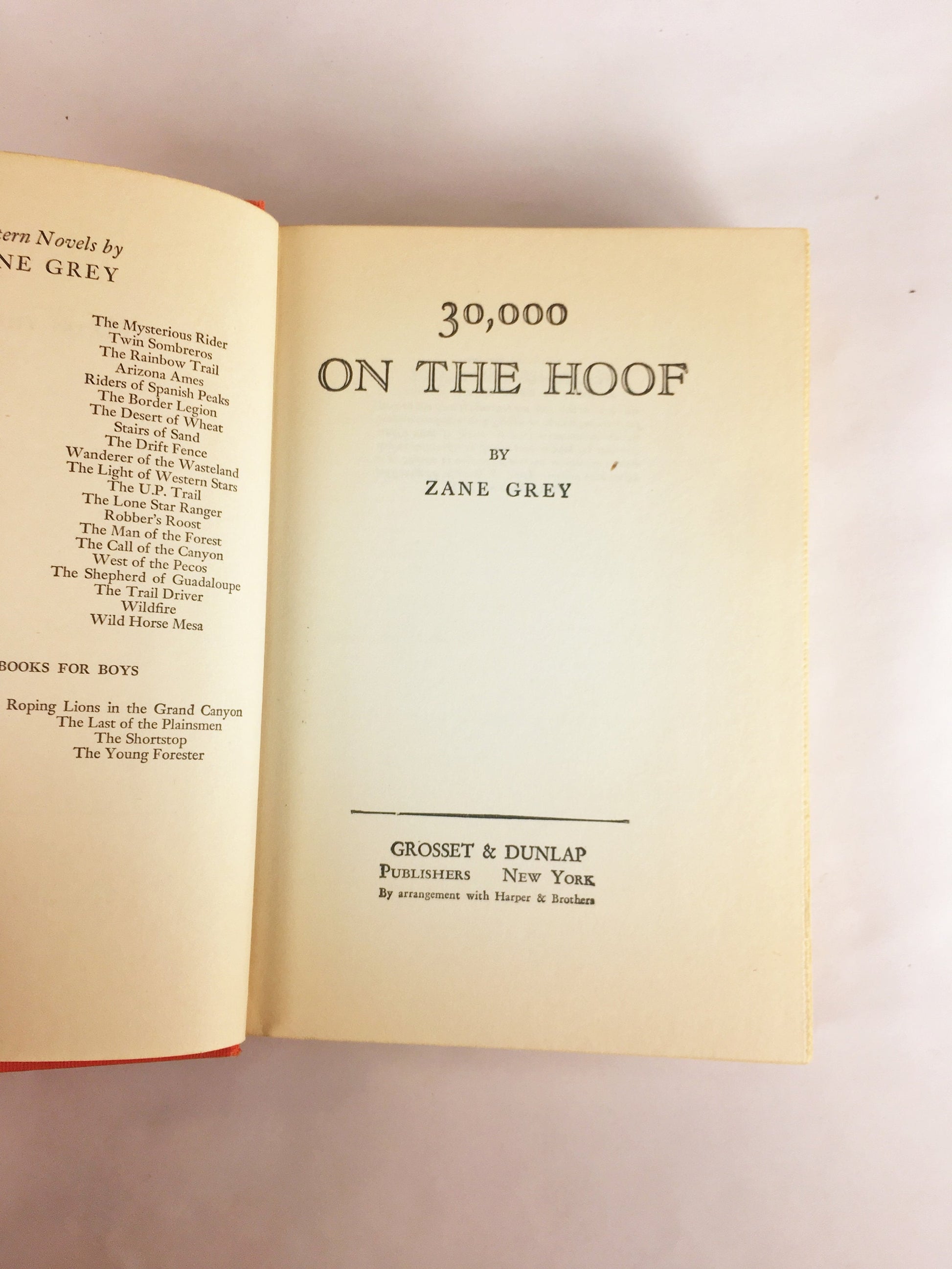 Zane Grey 30,000 on the Hoof. Vintage book circa 1940. Story of a frontier wife during the pioneer days in the Old Wild West. Red book decor
