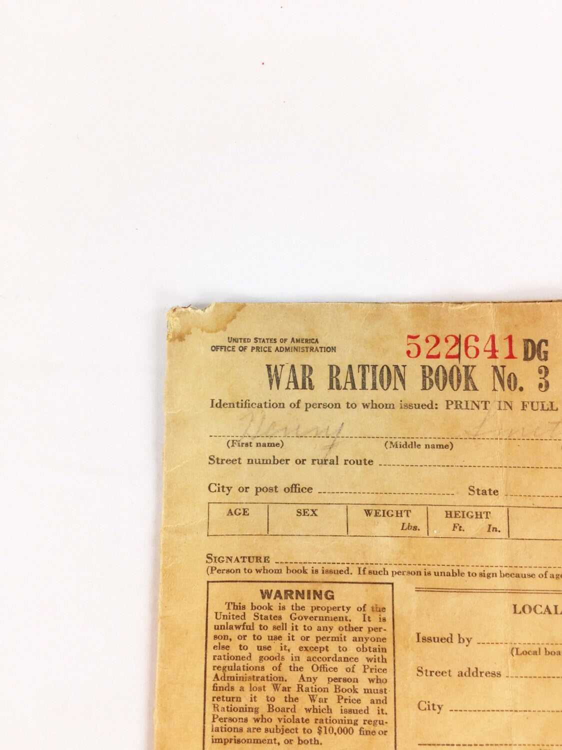 Authentic World War 2 WWII rationing booklet. Complete with stamps by the Office of Price Administration circa 1943. Gas certificate Book 4