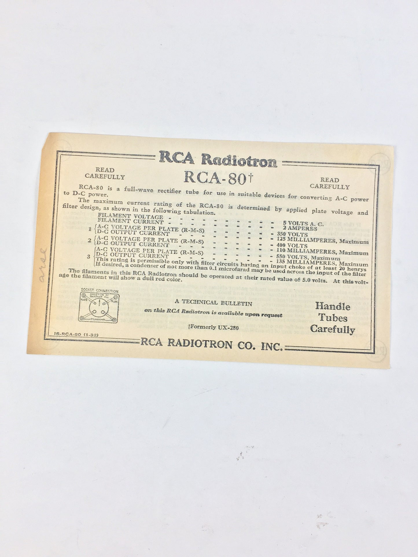 RCA Radiotron 80 Technical Bulletin. Vintage Collectible UX-280 document sheet circa 1939 for antique radio & tubes. Art wall home decor