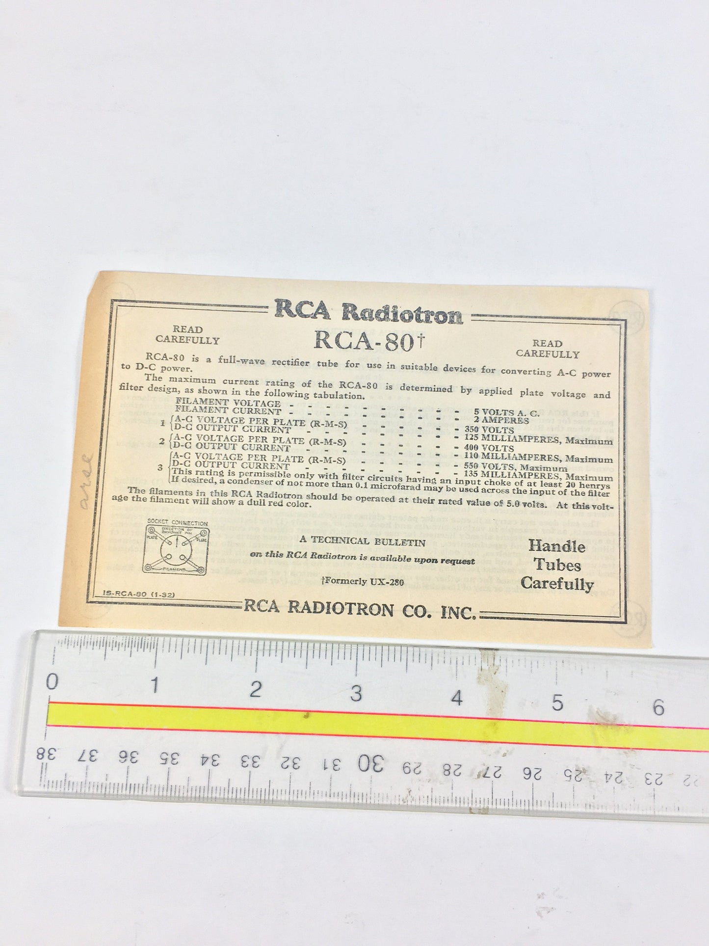 RCA Radiotron 80 Technical Bulletin. Vintage Collectible UX-280 document sheet circa 1939 for antique radio & tubes. Art wall home decor