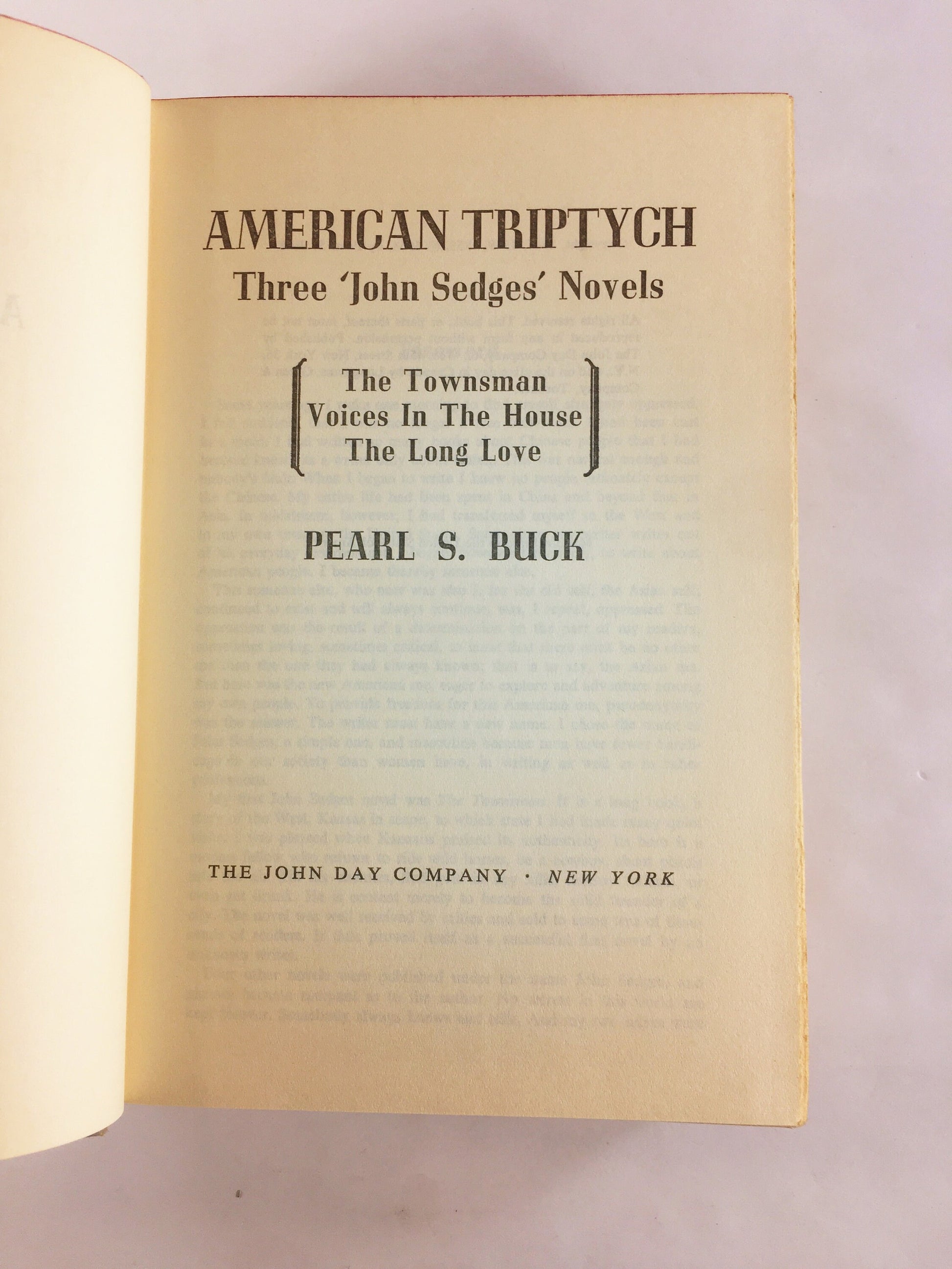 American Triptych vintage book by Pearl S Buck Three John Sedges Novels circa 1958. Townsman, Voices in the House, Long Love. Gray decor