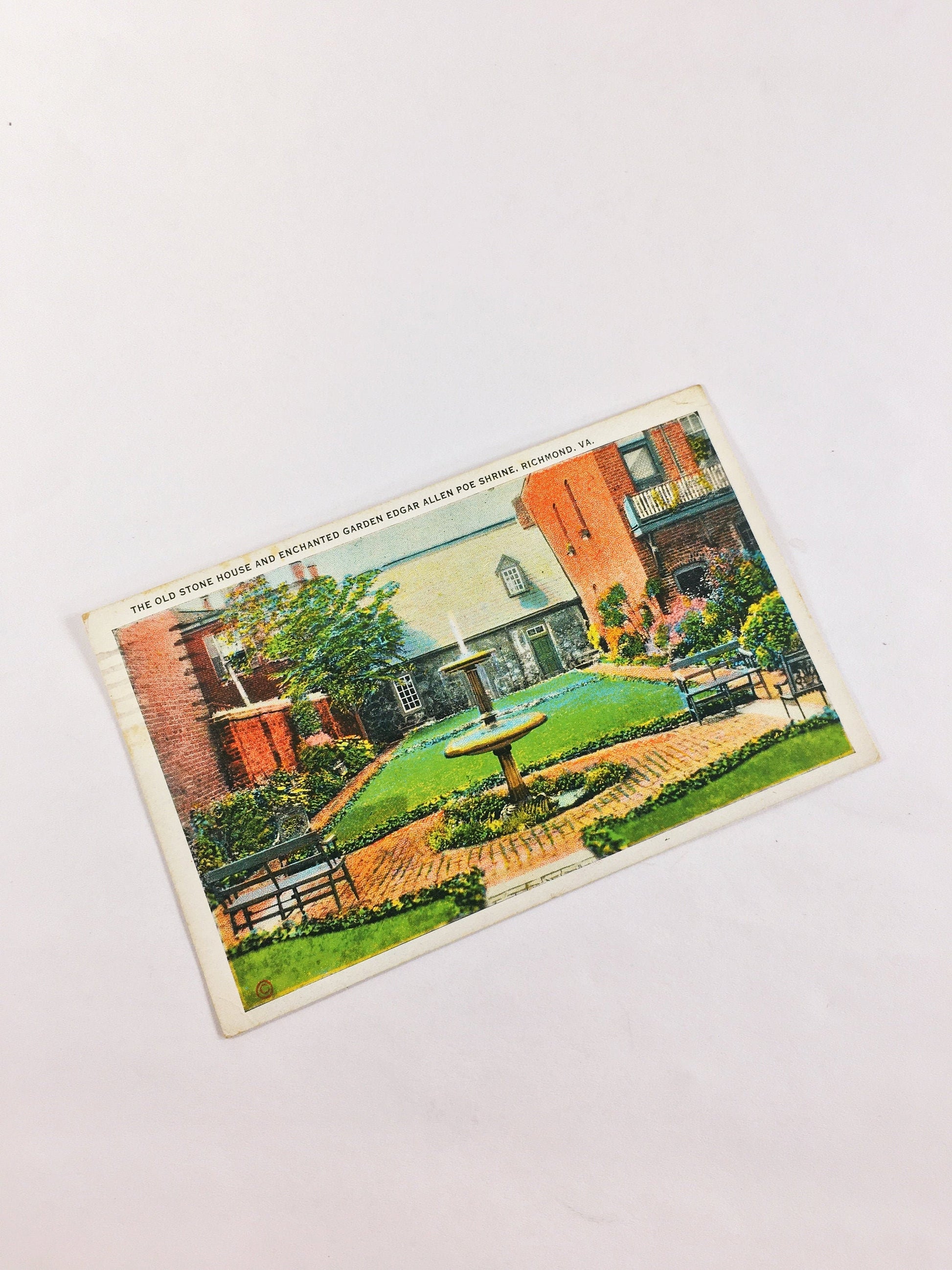 1930s Vintage Edgar Allan Poe shrine of house and enchanted garden linen postcard. Old Stone House in Richmond Virginia