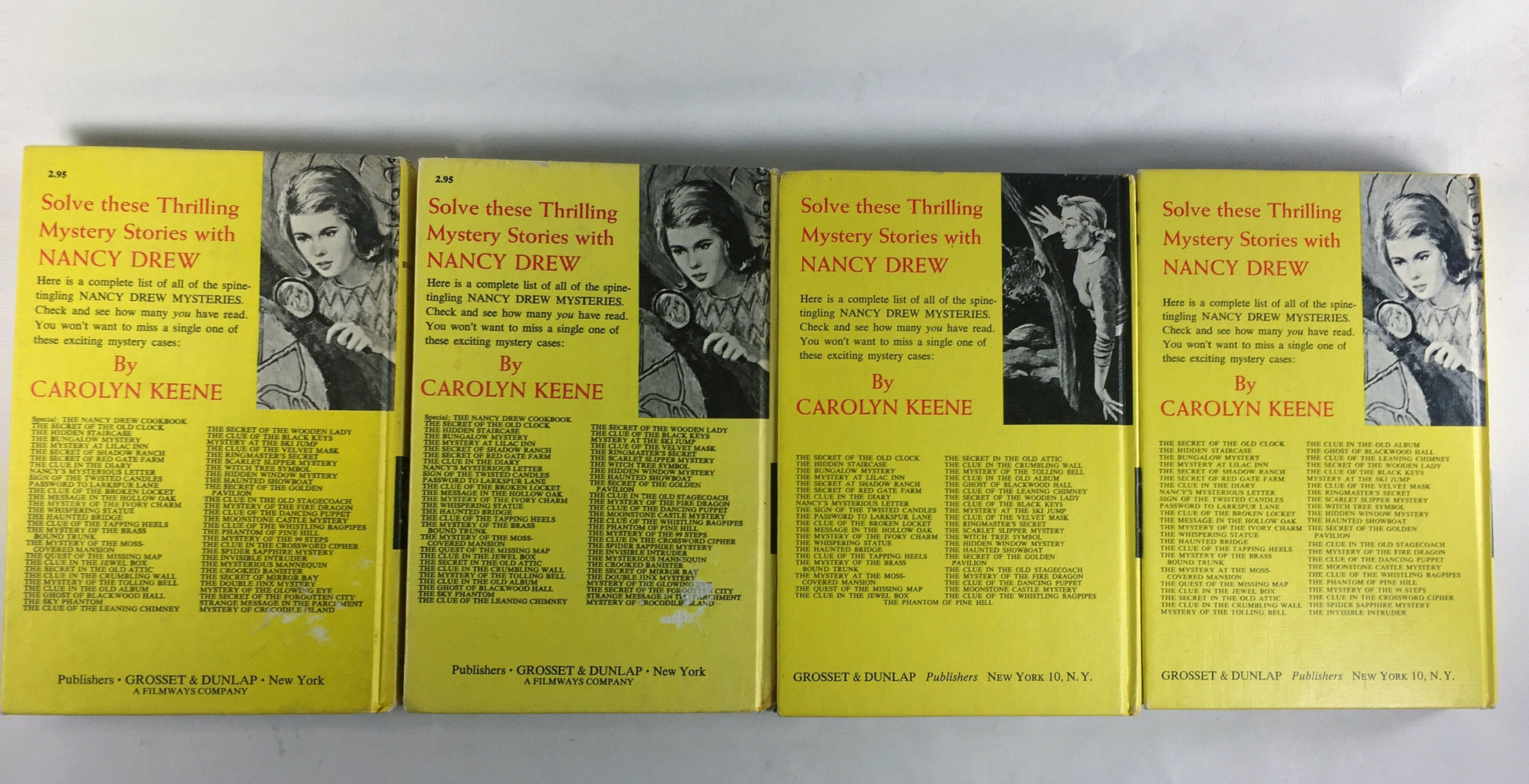 Nancy Drew Mystery Stories 1960s 1970 by Carolyn Keene. Vintage picture cover books with black & white endpapers. Teen tween reading yellow