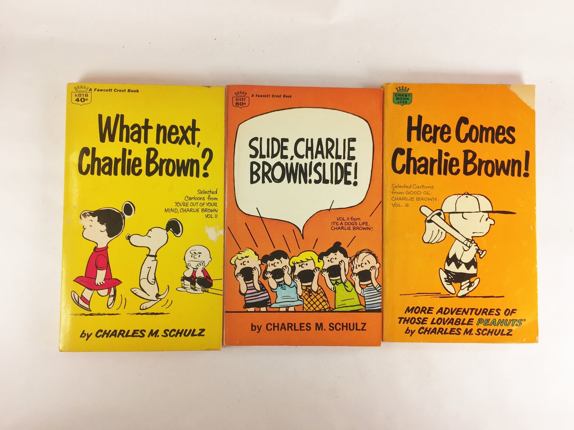 1964 Charlie Brown vintage paperback books by Charles Schulz. What's Next, Slide Snoopy Lucy Woodstock Linus. Beat friend gift