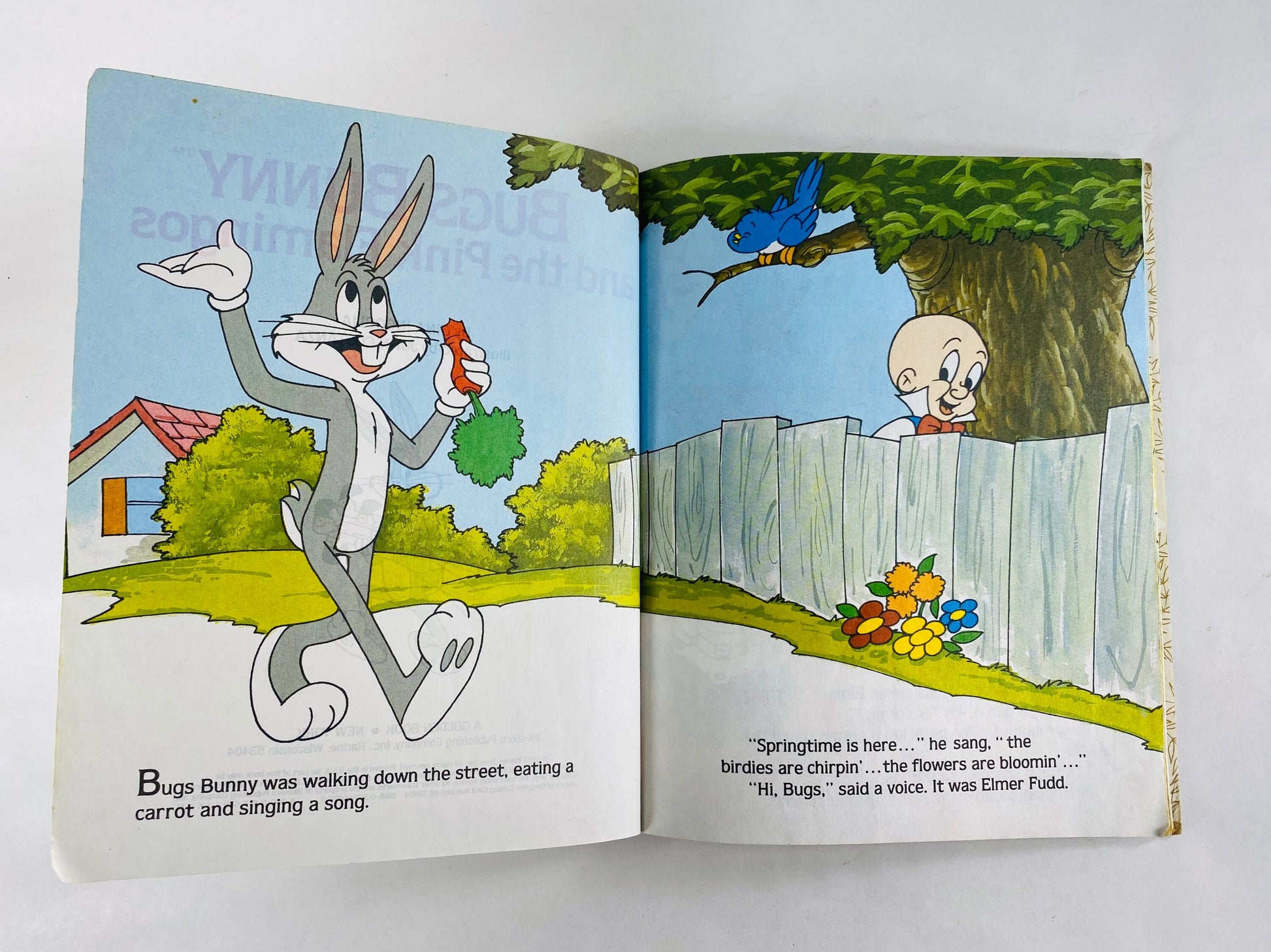 1987 Bugs Bunny and the Pink Flamingos Vintage Little Golden Book with Elmer Fudd, Porky Pig, Daffy Duck, Petunia Pig.