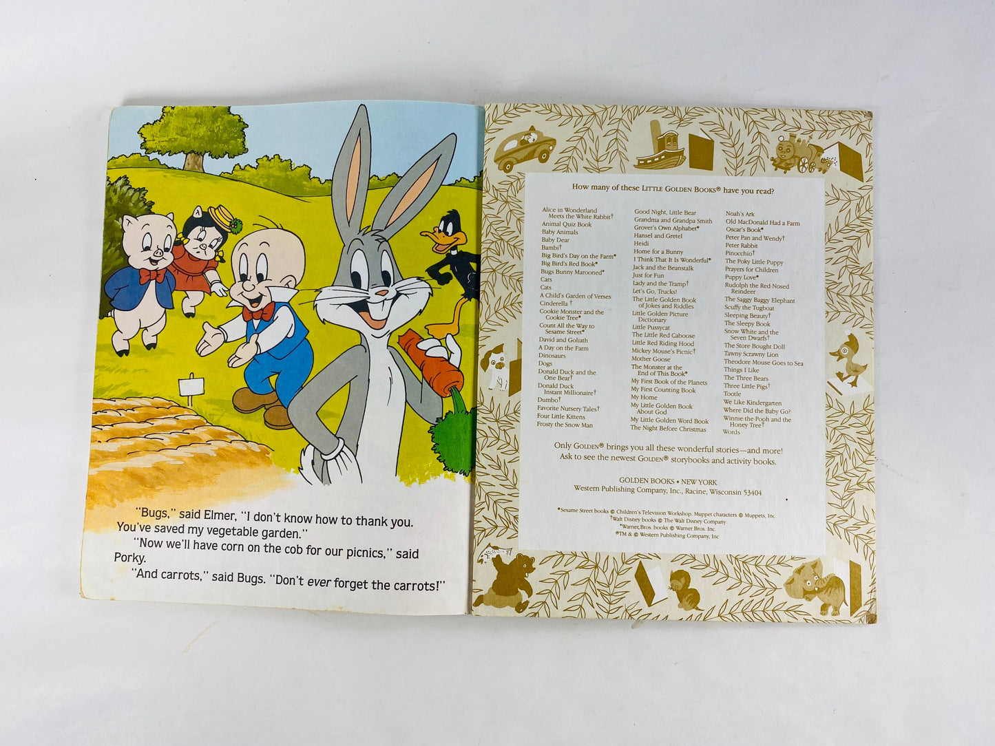1987 Bugs Bunny and the Pink Flamingos Vintage Little Golden Book with Elmer Fudd, Porky Pig, Daffy Duck, Petunia Pig.
