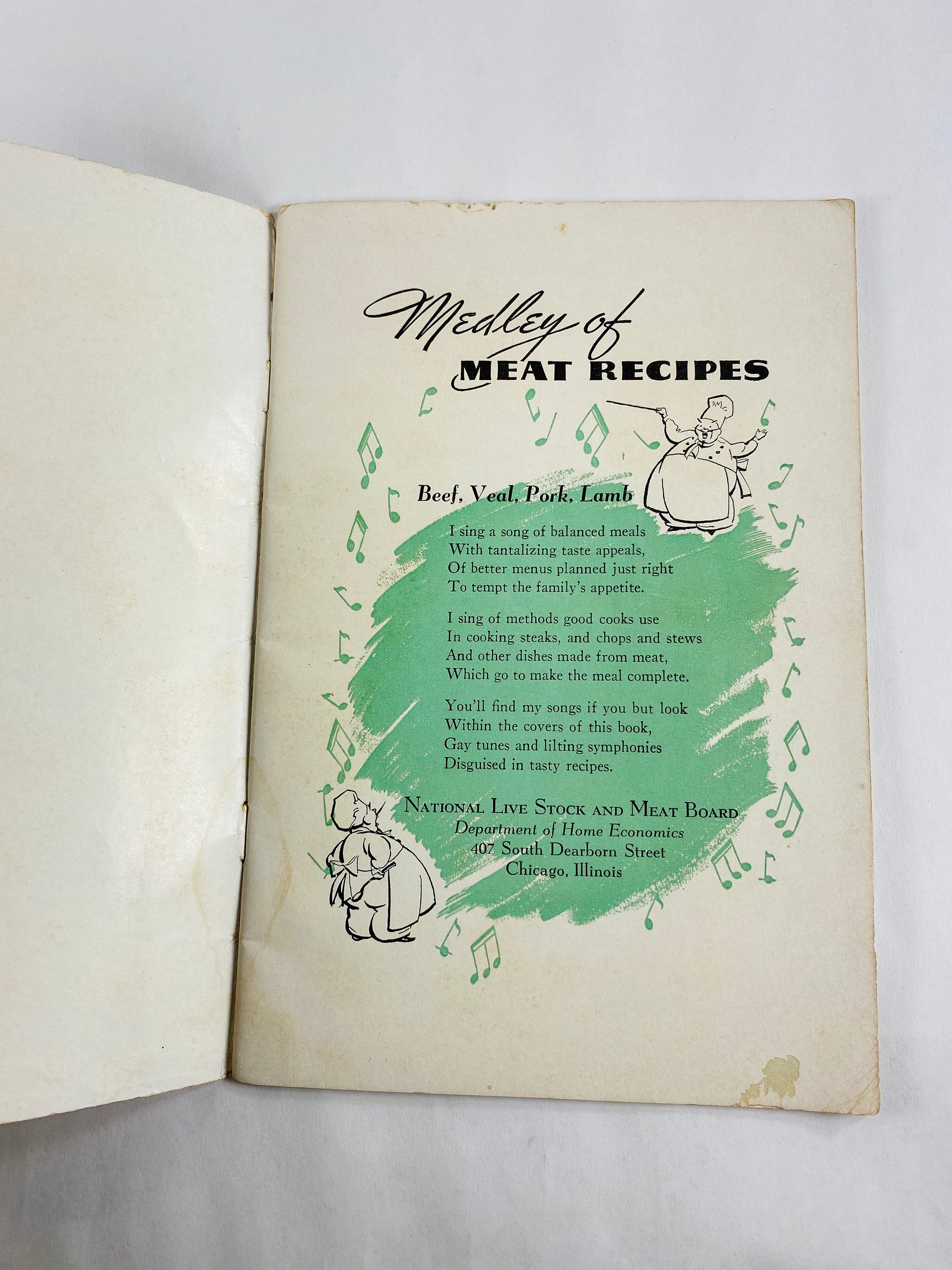 Medley of Meat Recipes WWII era vintage cookbook pamphlet printed by McWhorter Fine Meats. Guy Gift Bachelor.