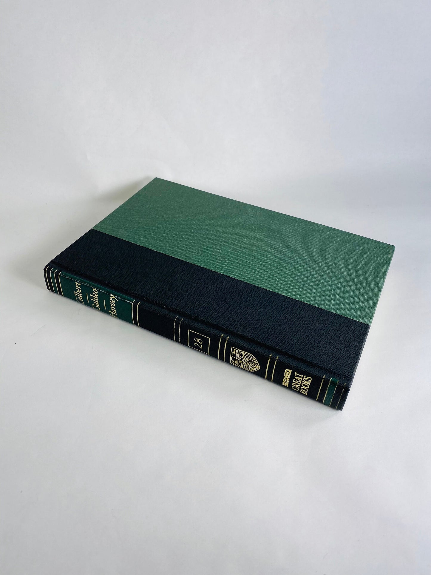 Emerald green & black vintage books Darwin Galileo Hippocrates Euclid Archimedes Newton Britannica Great Books Staging bookshelf decor 1986