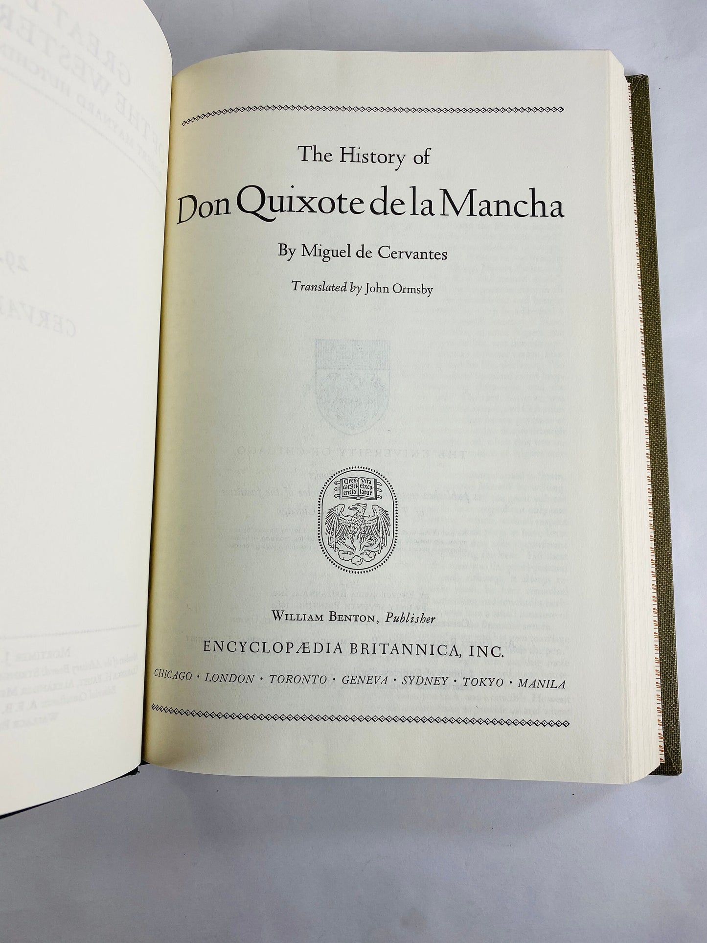 Vintage olive green & black Don Quixote de la Mancha Cervantes Swift Milton Britannica Great Books Staging bookshelf decor 1986