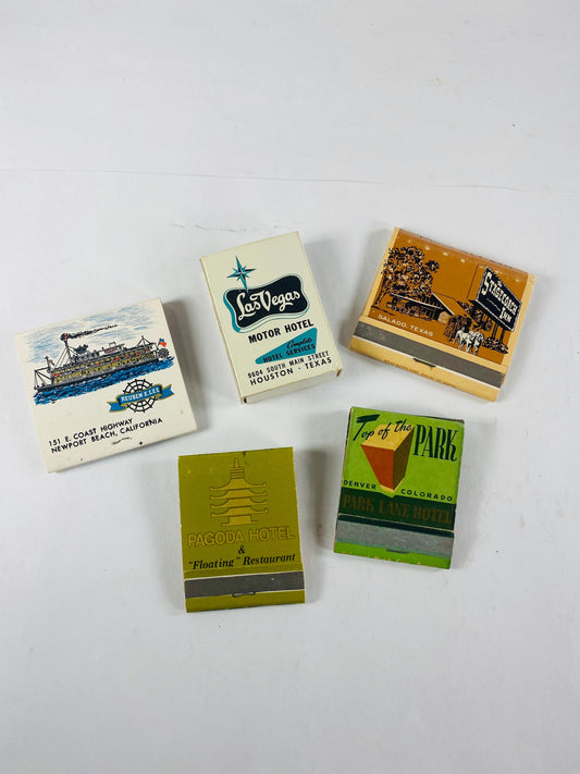 1960 Vintage Texas Colorado California Houston Hotel Matchbox Matches made in the US Newport Beach Denver Petite cardboard home office decor