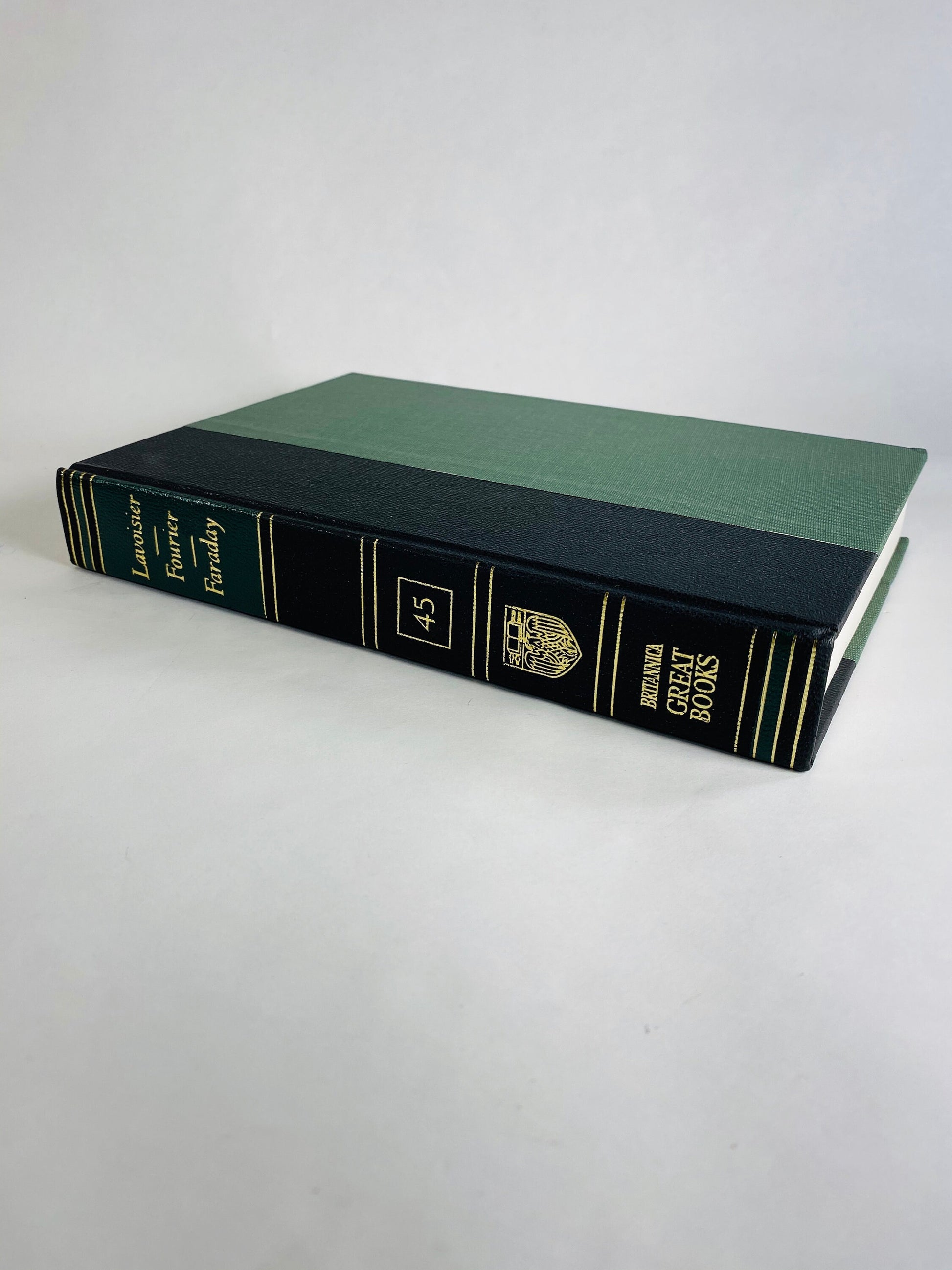Emerald green & black vintage books Darwin Galileo Hippocrates Euclid Archimedes Newton Britannica Great Books Staging bookshelf decor 1986