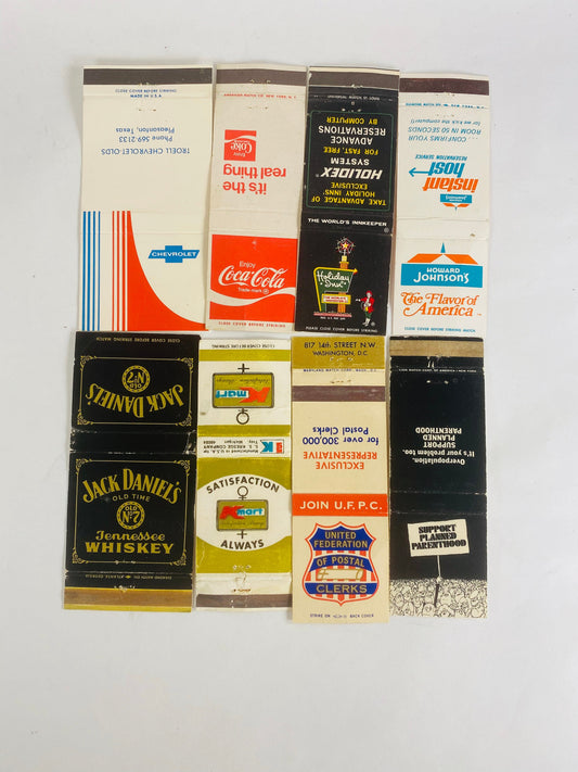 Chevrolet Coca-Cola Jack Daniels Howard Johnson Holiday Inn Vintage Matchbook cover Kmart Planned Parenthood US Postal Clerks Post Office