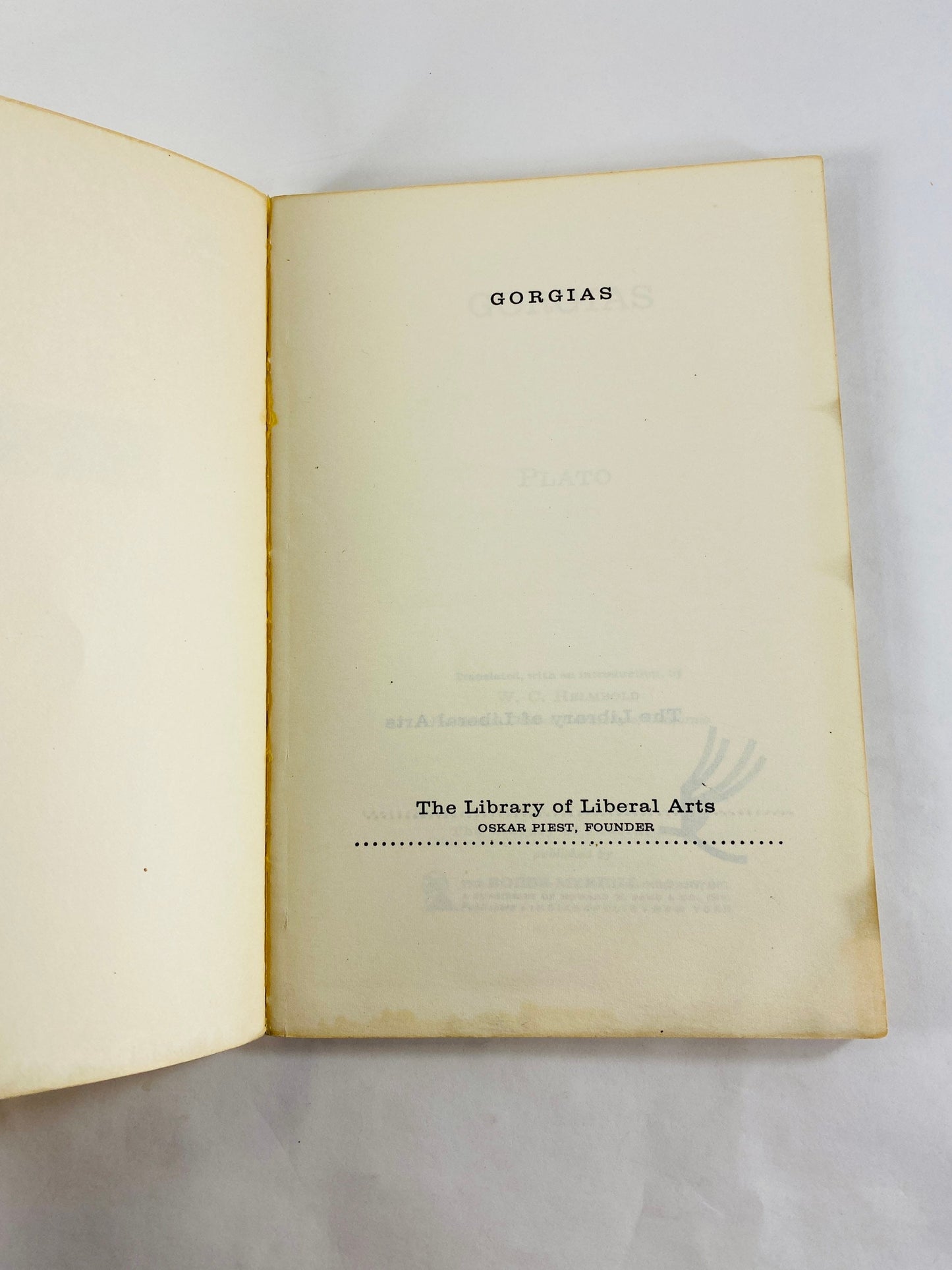 1952 Plato Gorgias vintage paperback book Socratic dialogue of a dinner conversation. Chanukah Christmas gift. Yellow home decor