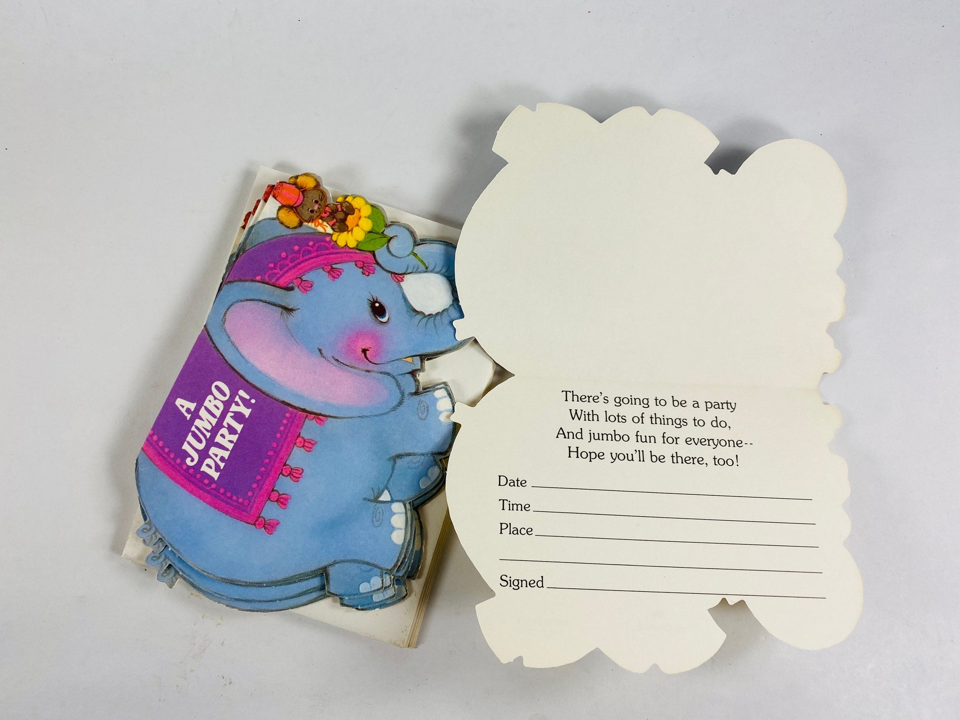 Vintage blue elephant & mouse Hallmark party invitation cards circa 1979. Lot of 4 unused cards with envelopes.