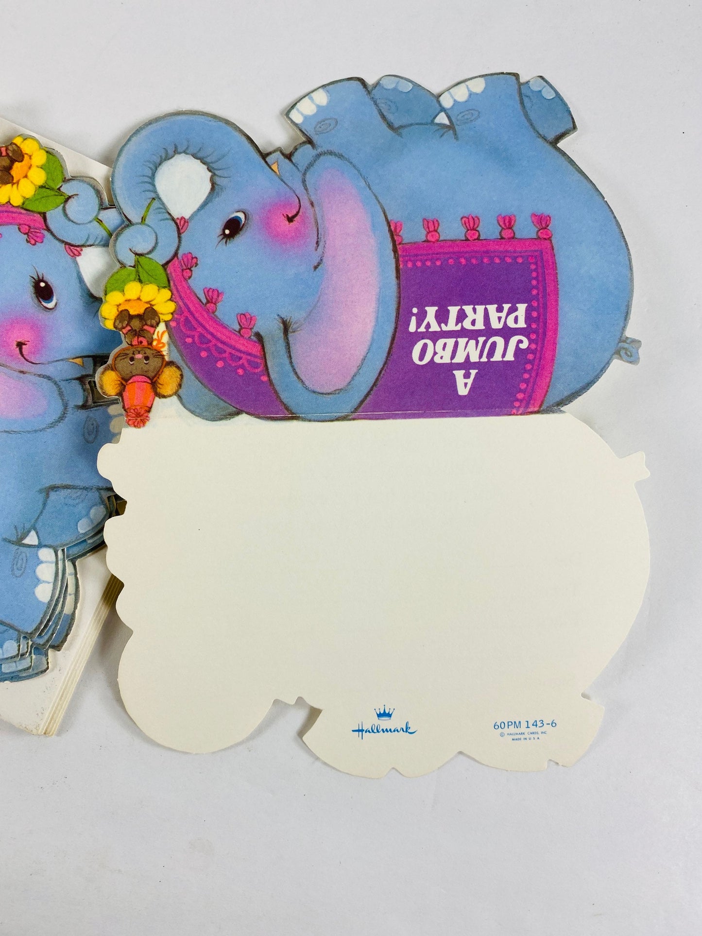Vintage blue elephant & mouse Hallmark party invitation cards circa 1979. Lot of 4 unused cards with envelopes.