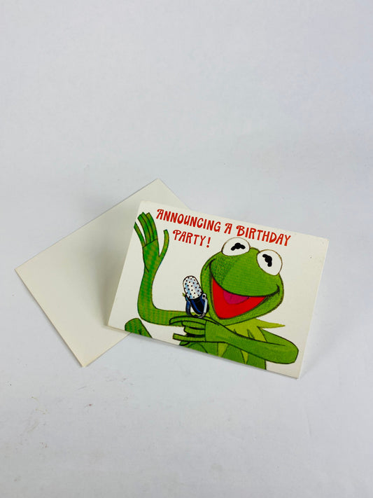 1980s Kermit the Frog muppets party invitation card with envelope. Vintage unused birthday invite frog with microphone