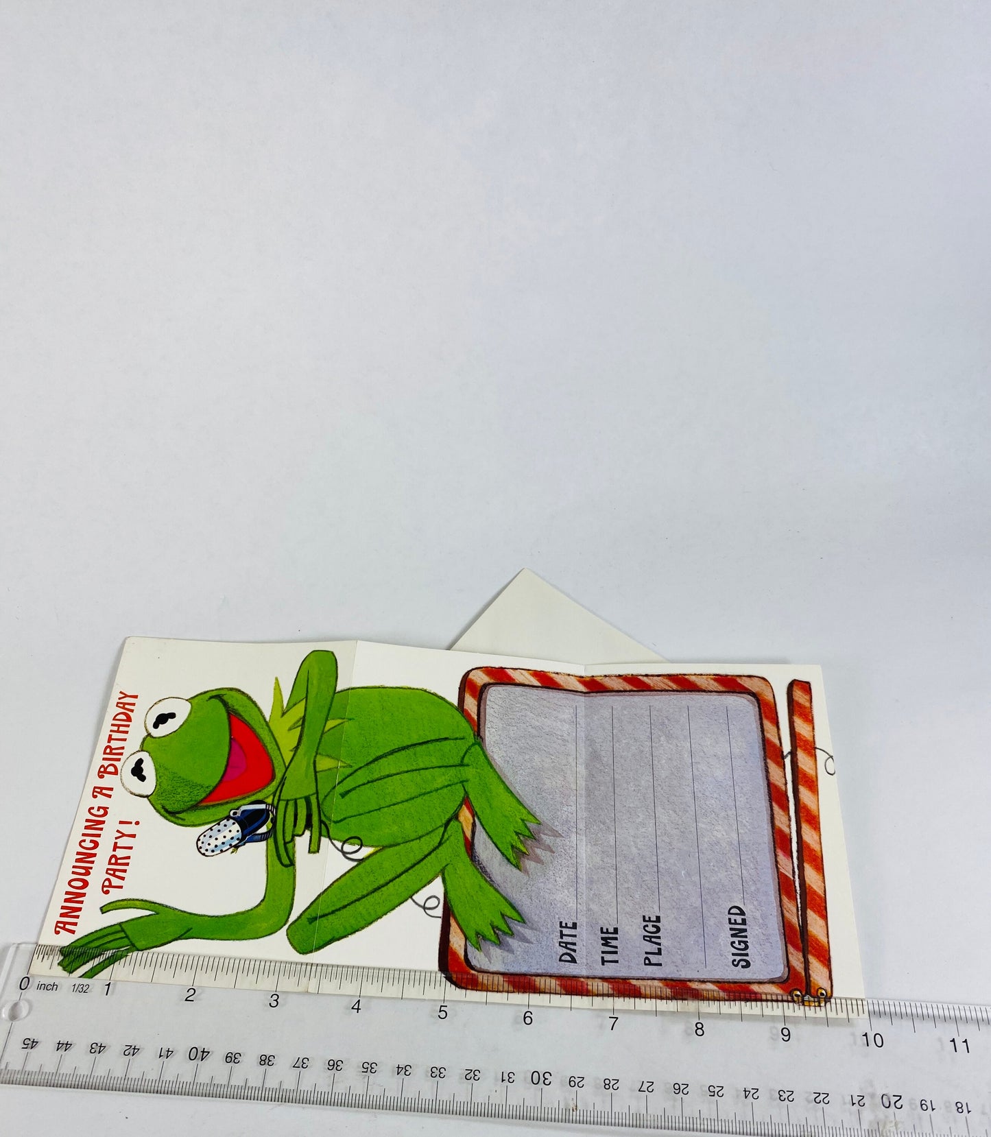 1980s Kermit the Frog muppets party invitation card with envelope. Vintage unused birthday invite frog with microphone