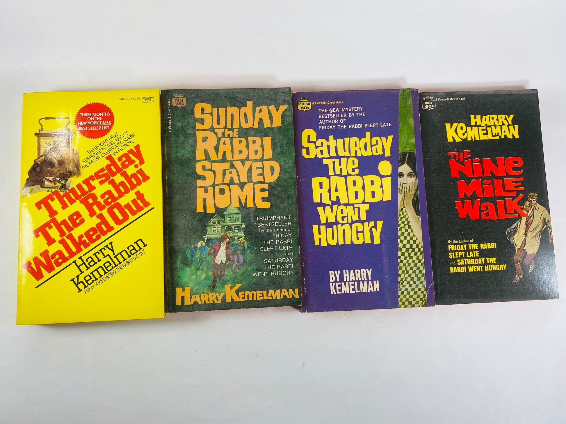 1970s Harry Kemelman vintage paperback books Thursday Rabbi Walked Out, Saturday Rabbi Went Hungry, Sunday the Rabbi Stayed Home, Nine Mile