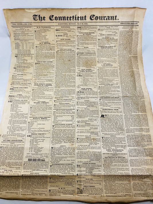 1836 Connecticut Courant Newspaper circa May 16, 1836 GENUINE antique newspaper pre-civil war. Hartford CT Godwin & Co